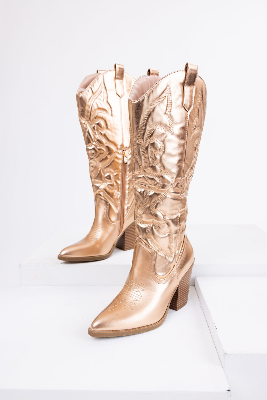 Champagne Faux Leather Metallic Western Boots