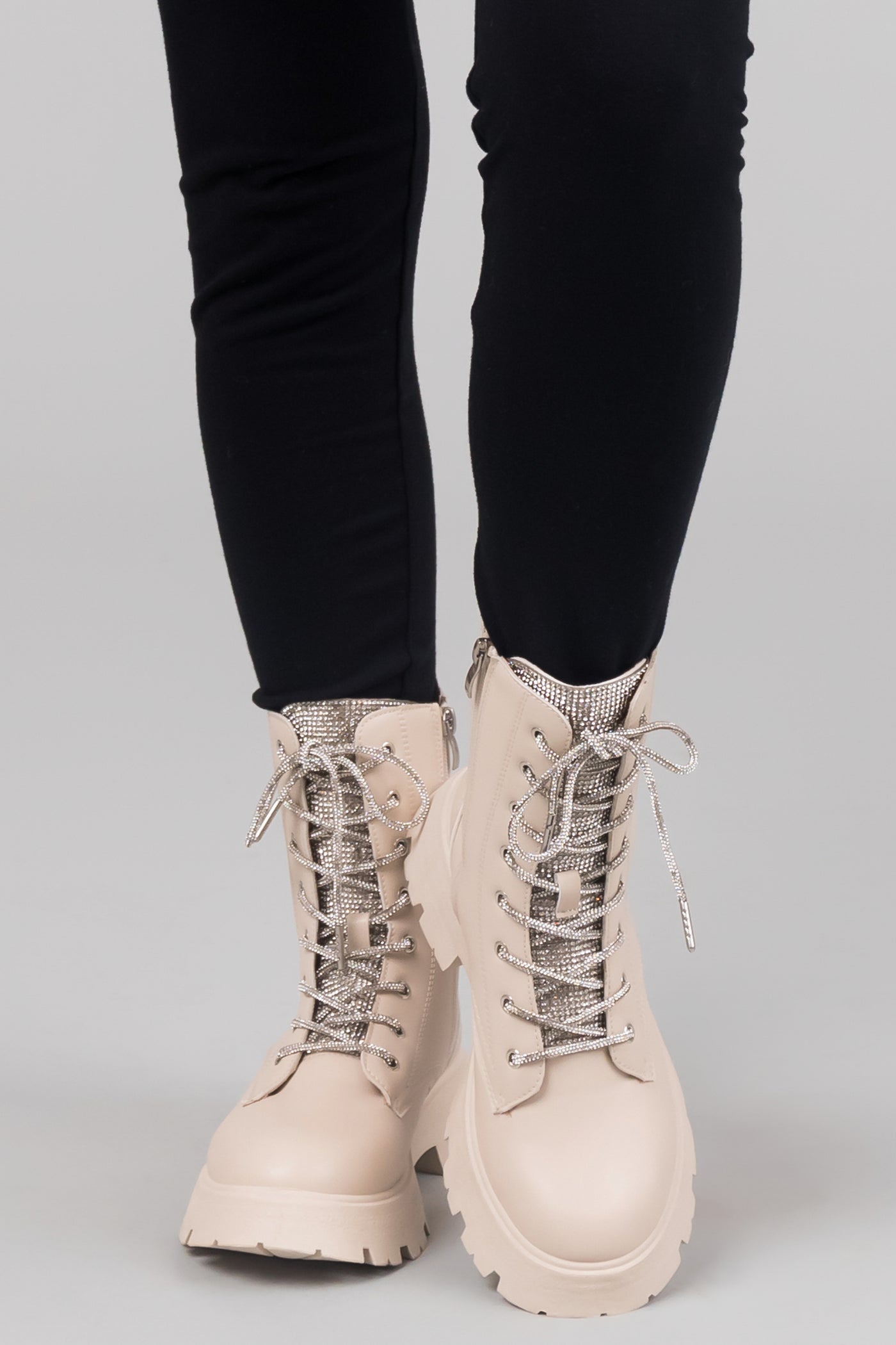 Champagne Faux Leather Rhinestone Combat Boots