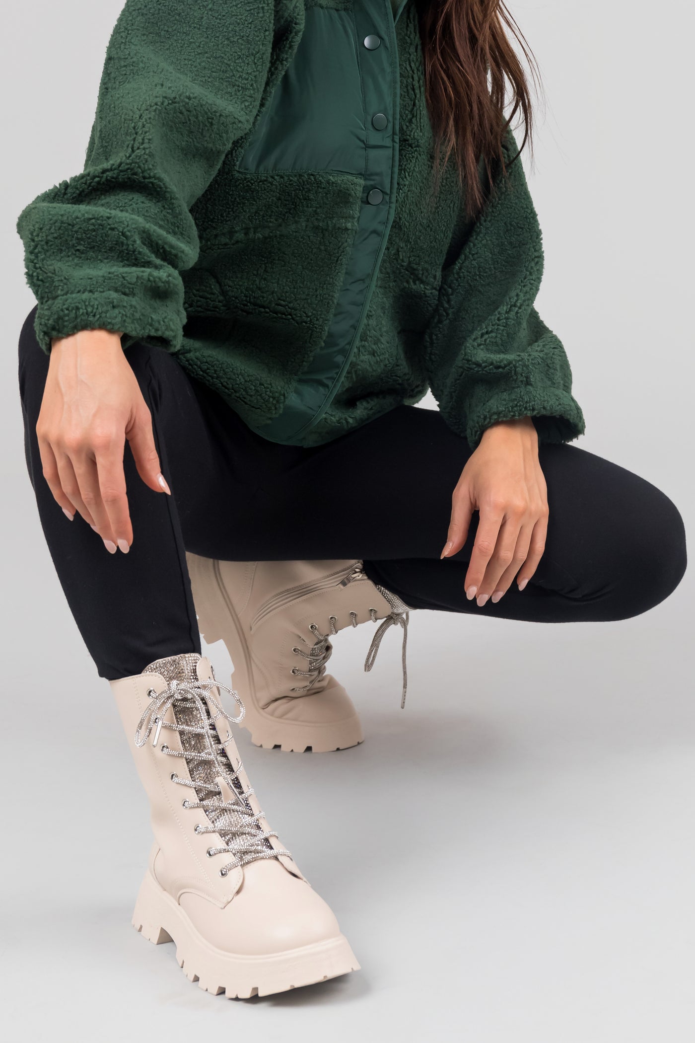 Champagne Faux Leather Rhinestone Combat Boots