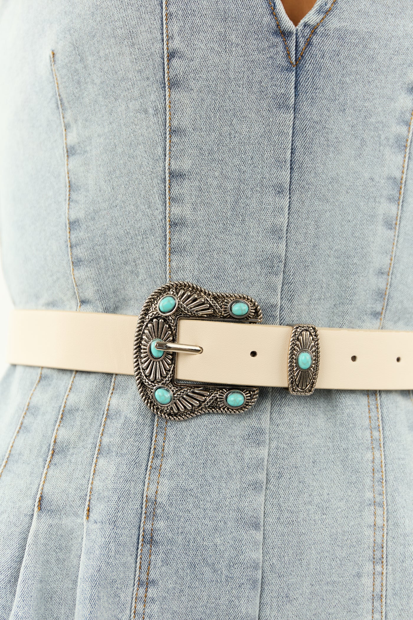 Champagne Faux Leather Turquoise Studded Buckle Belt