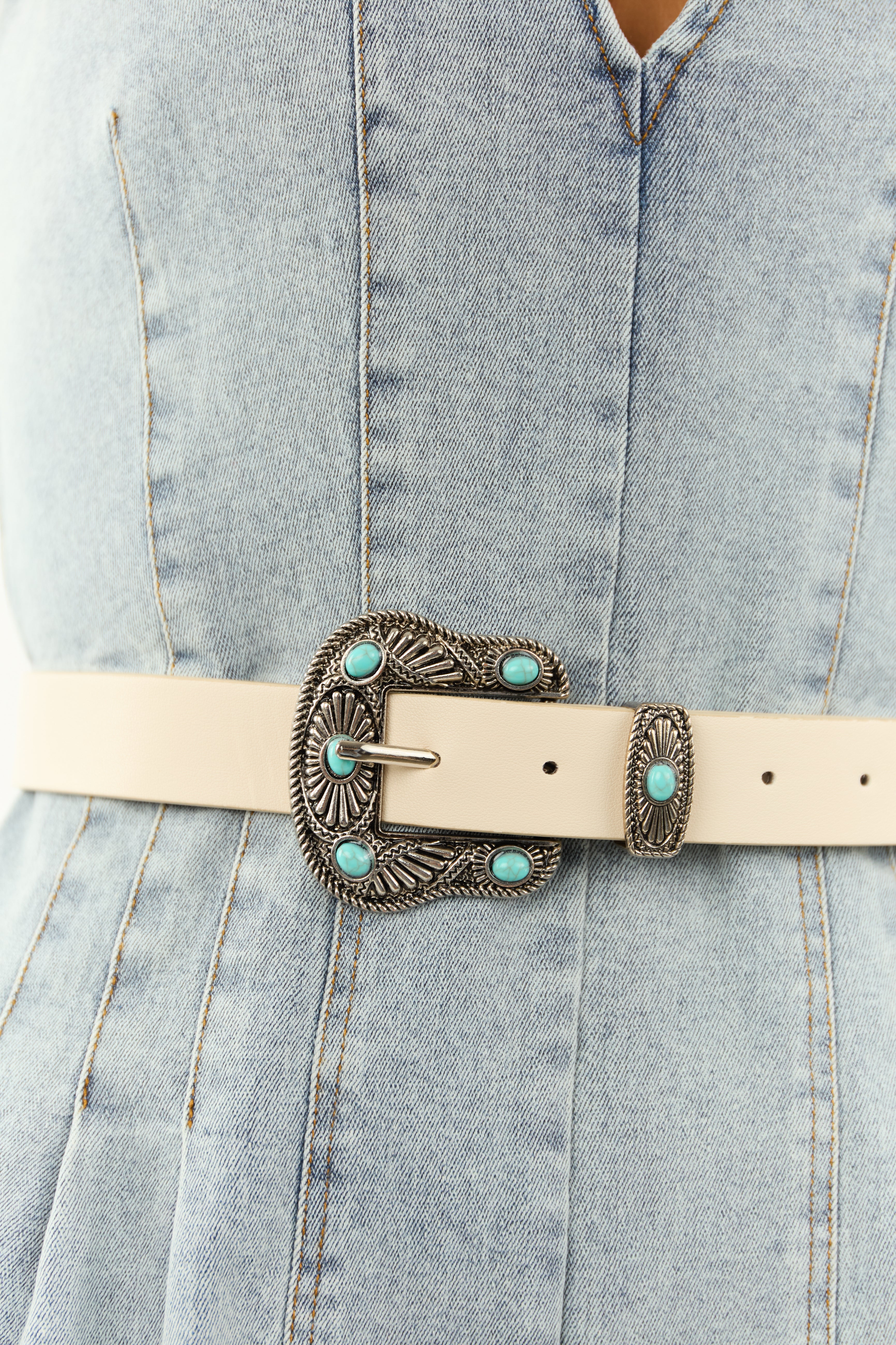 Champagne Faux Leather Turquoise Studded Buckle Belt