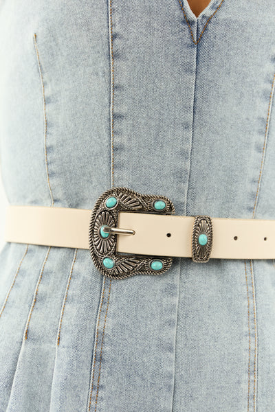 Champagne Faux Leather Turquoise Studded Buckle Belt