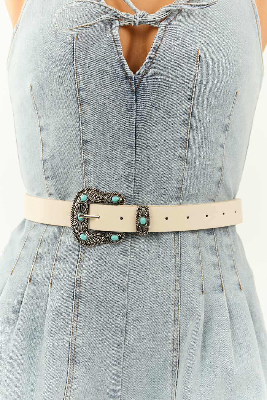 Champagne Faux Leather Turquoise Studded Buckle Belt