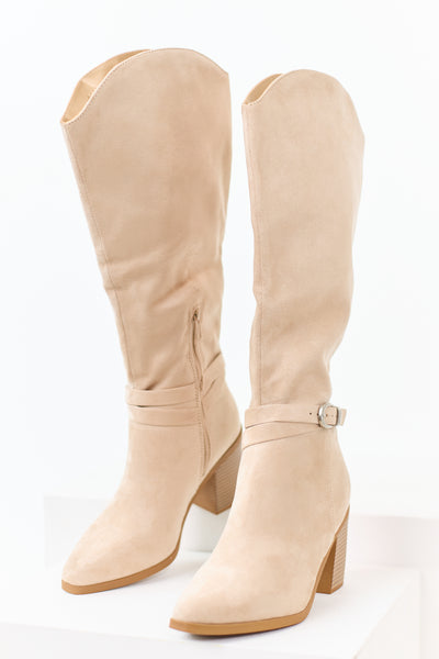 Champagne Faux Suede Ankle Strap Tall Boots