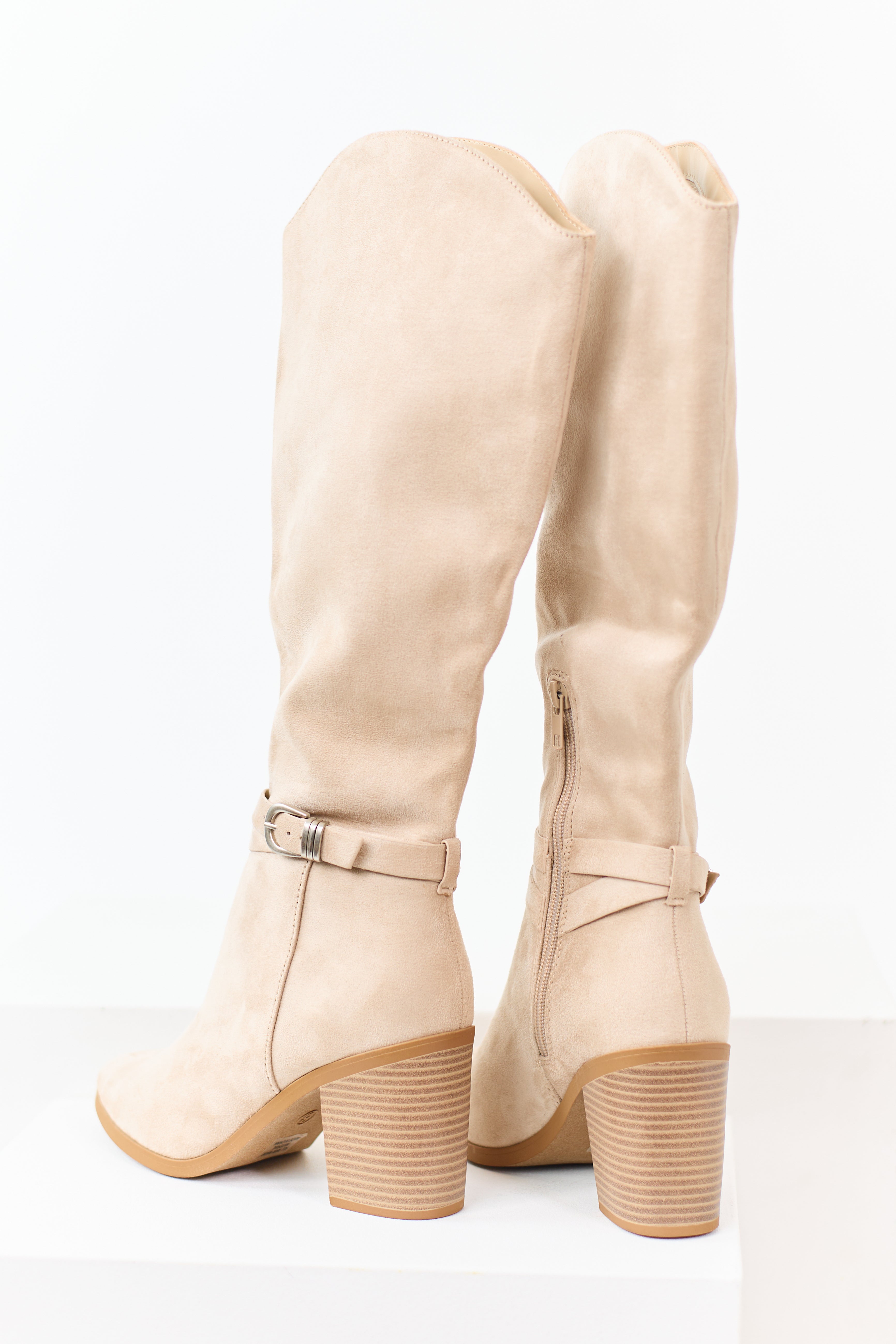 Champagne Faux Suede Ankle Strap Tall Boots