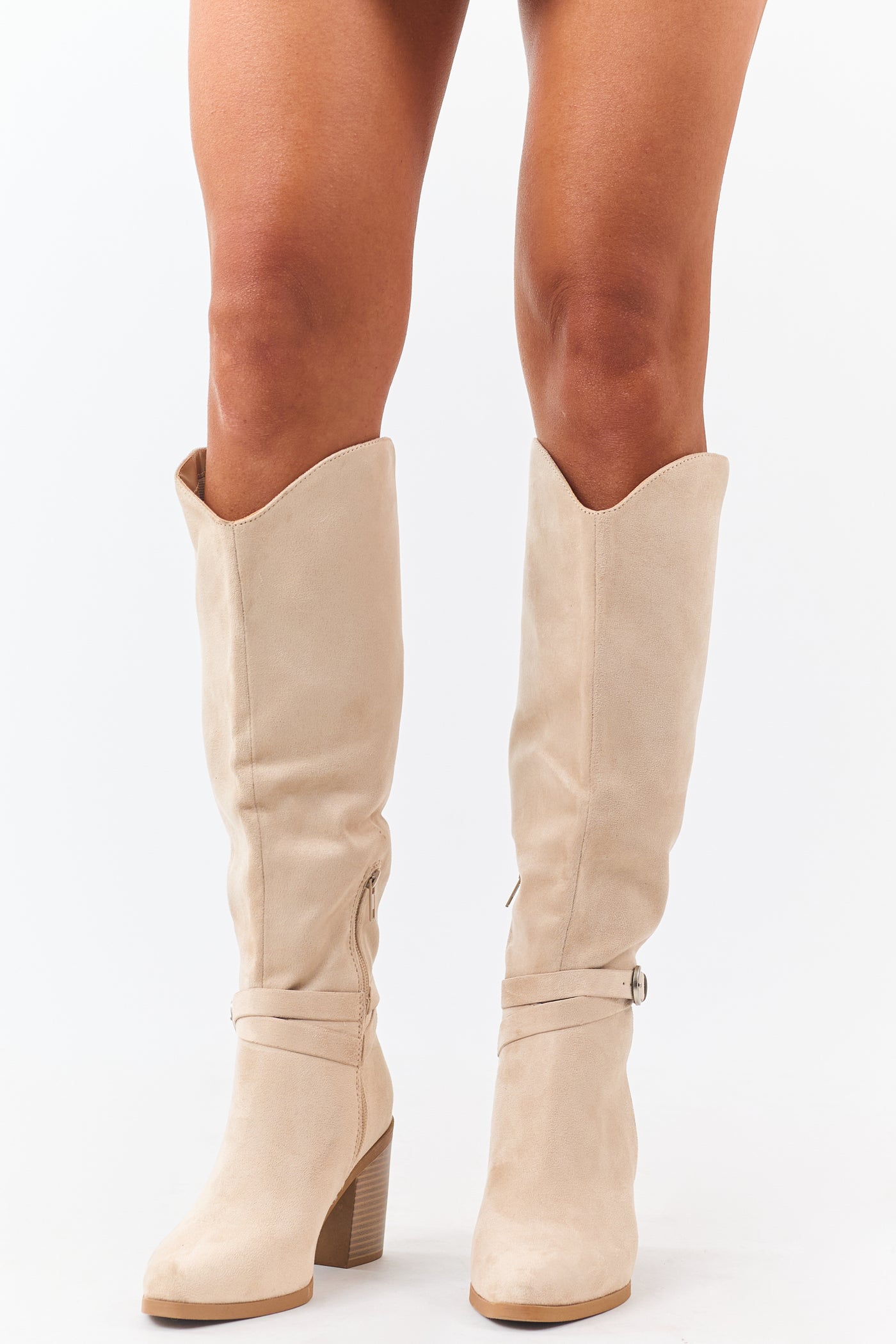Champagne Faux Suede Ankle Strap Tall Boots