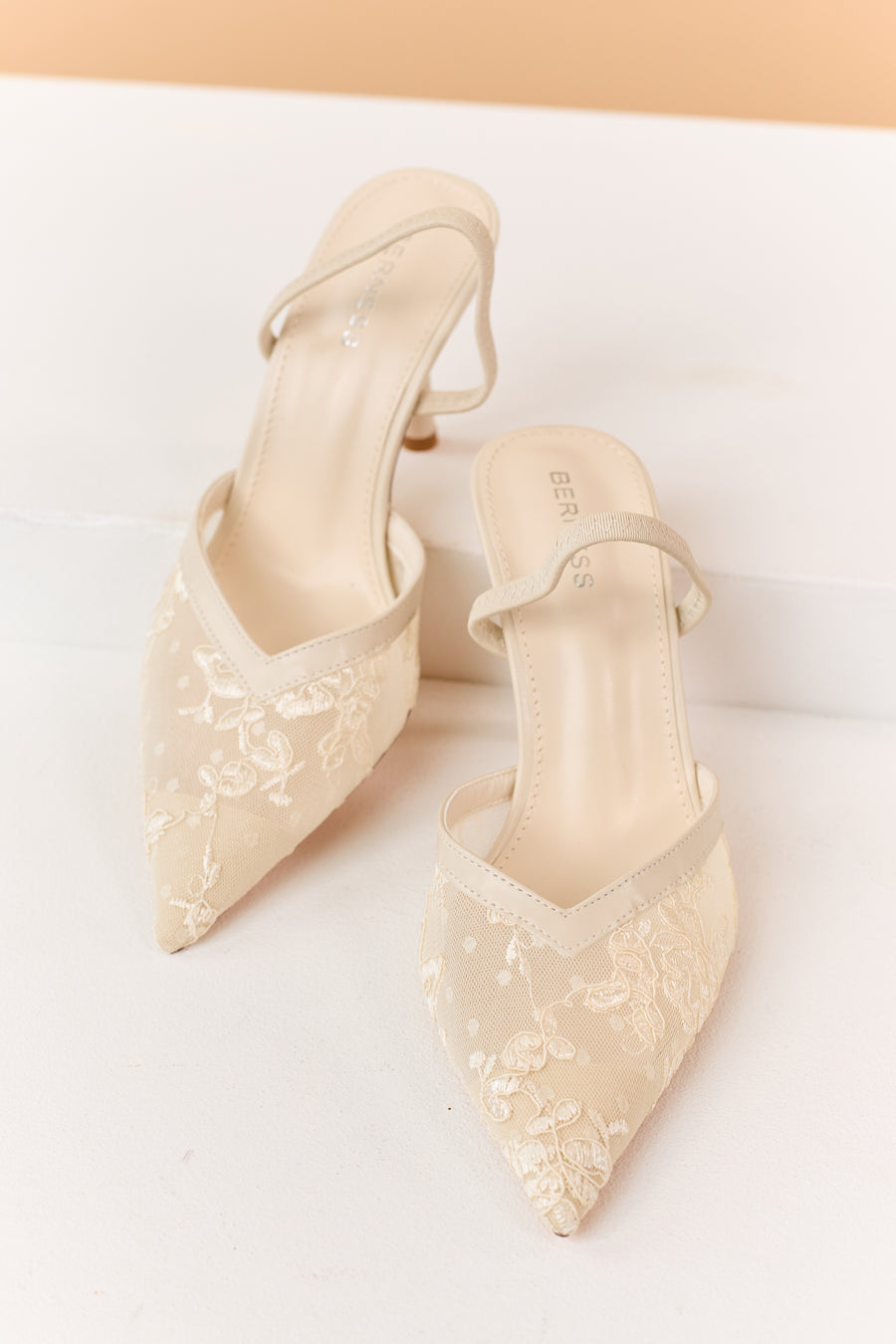 Champagne Floral Mesh Sling Back Stiletto Heels