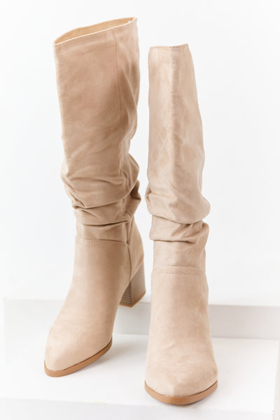 Champagne Microsuede Slouch Block Heel Tall Boots