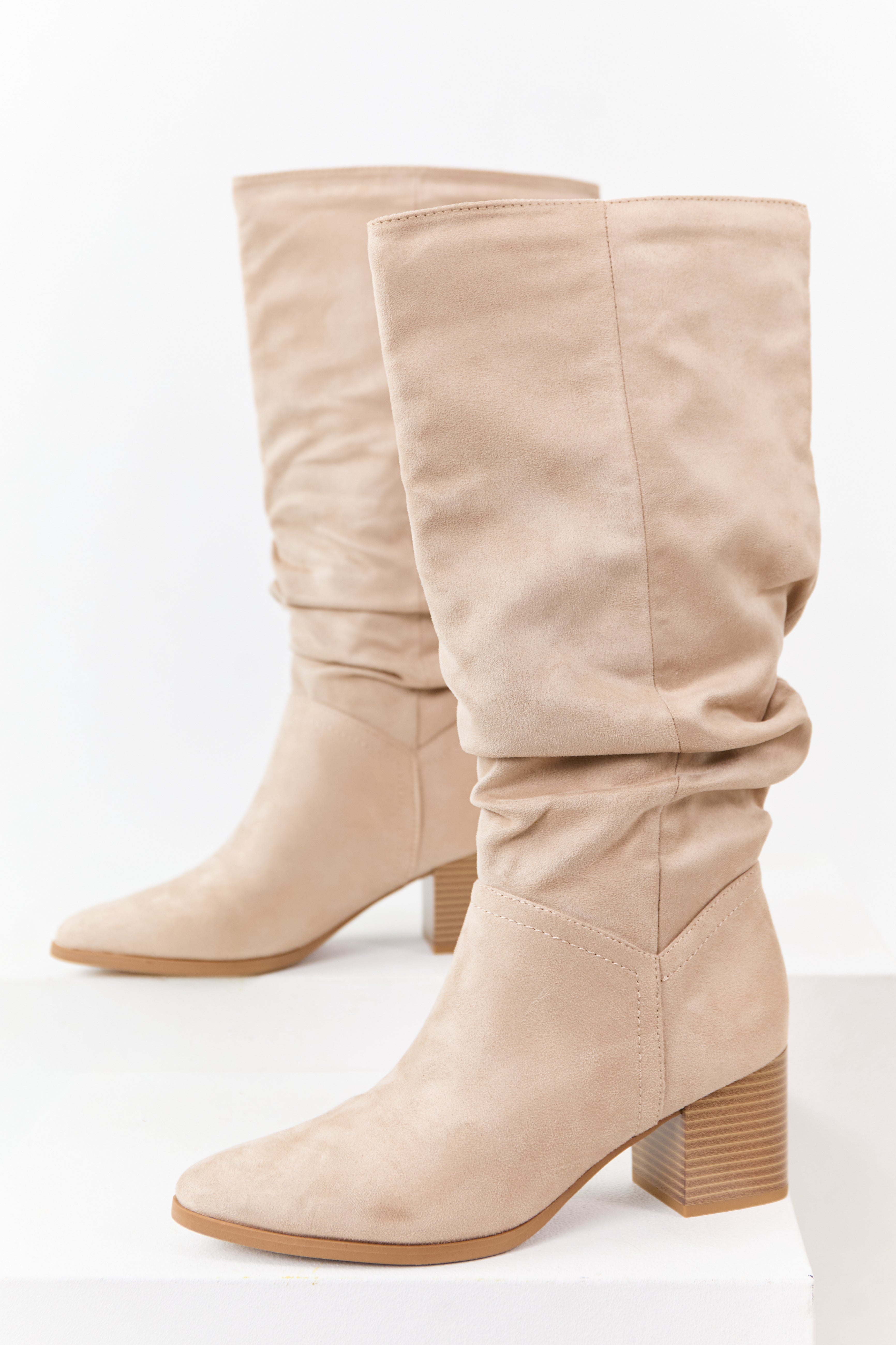 Champagne Microsuede Slouch Block Heel Tall Boots | Lime Lush Boutique