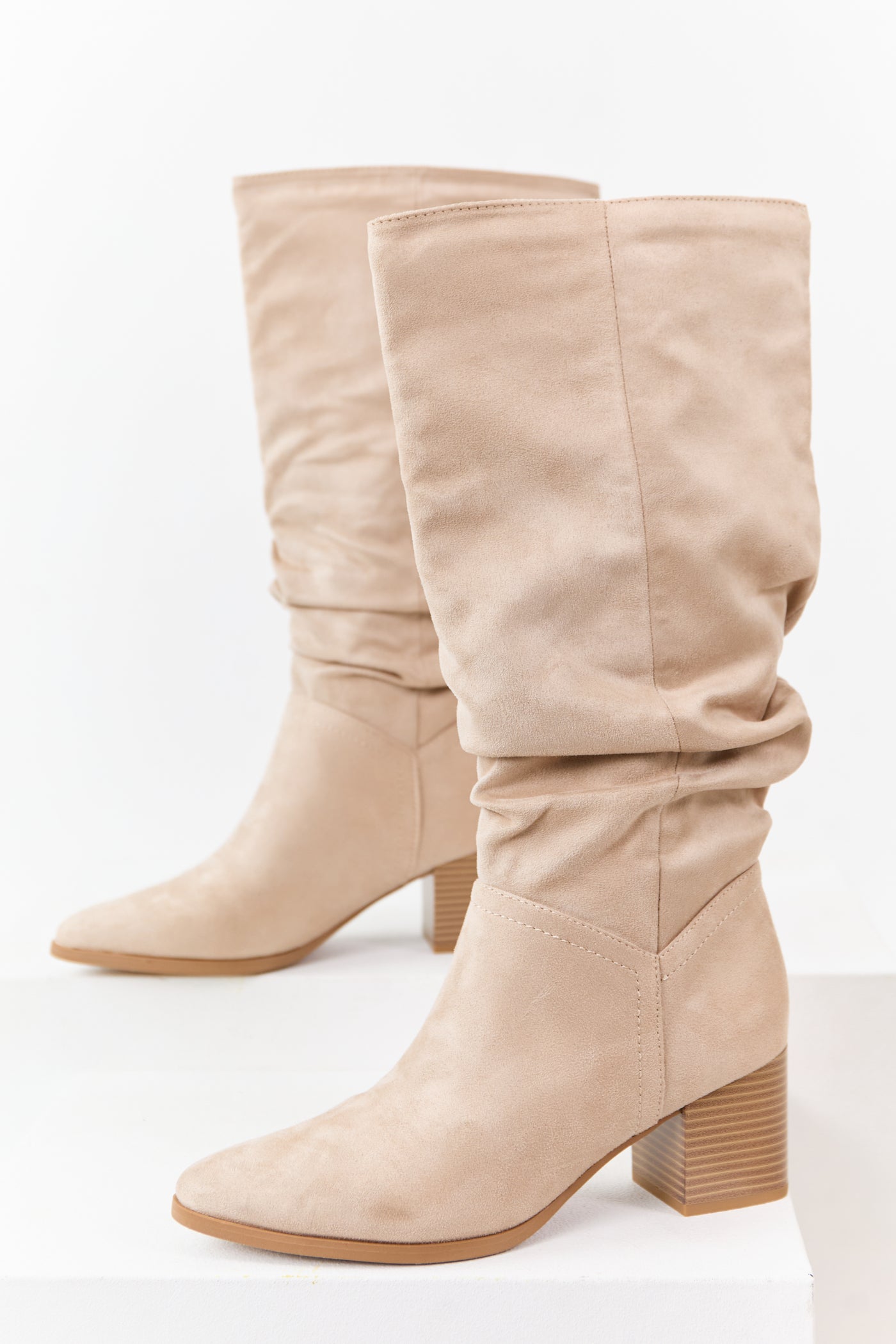 Champagne Microsuede Slouch Block Heel Tall Boots