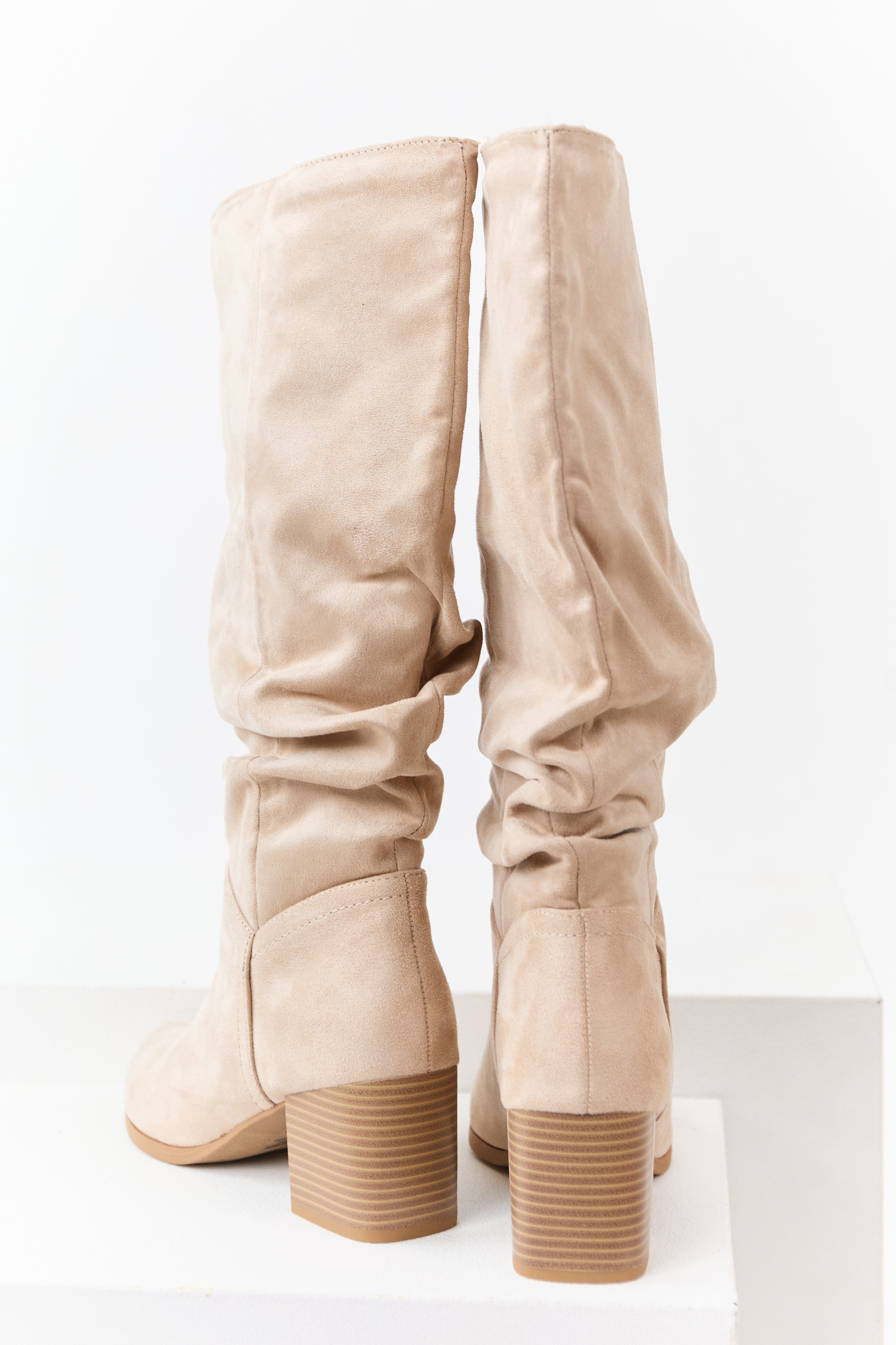 Champagne Microsuede Slouch Block Heel Tall Boots