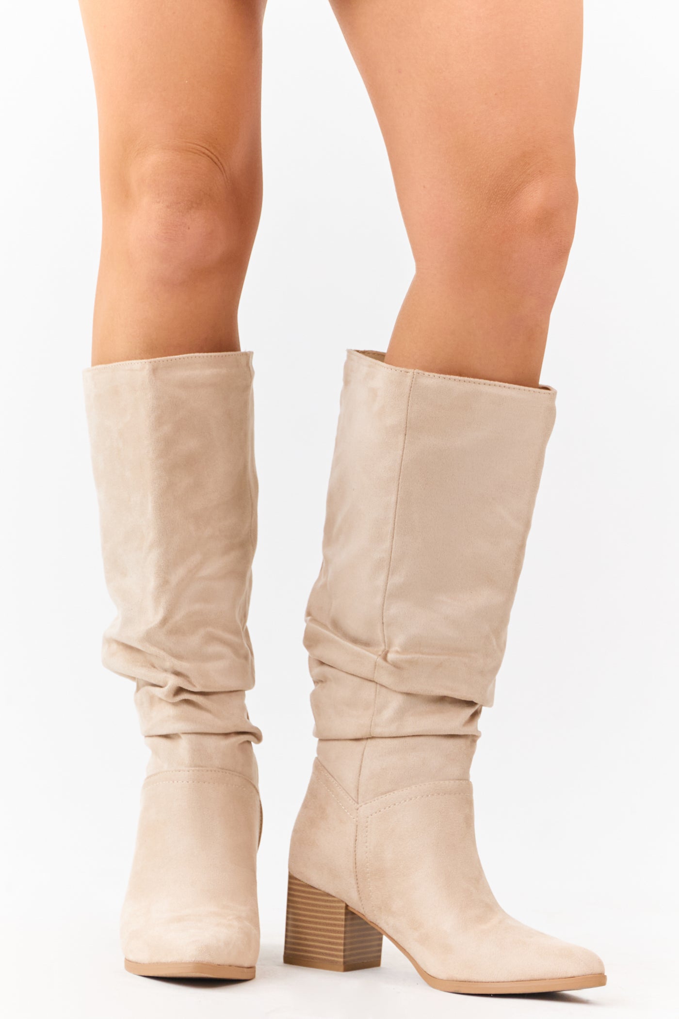 Champagne Microsuede Slouch Block Heel Tall Boots