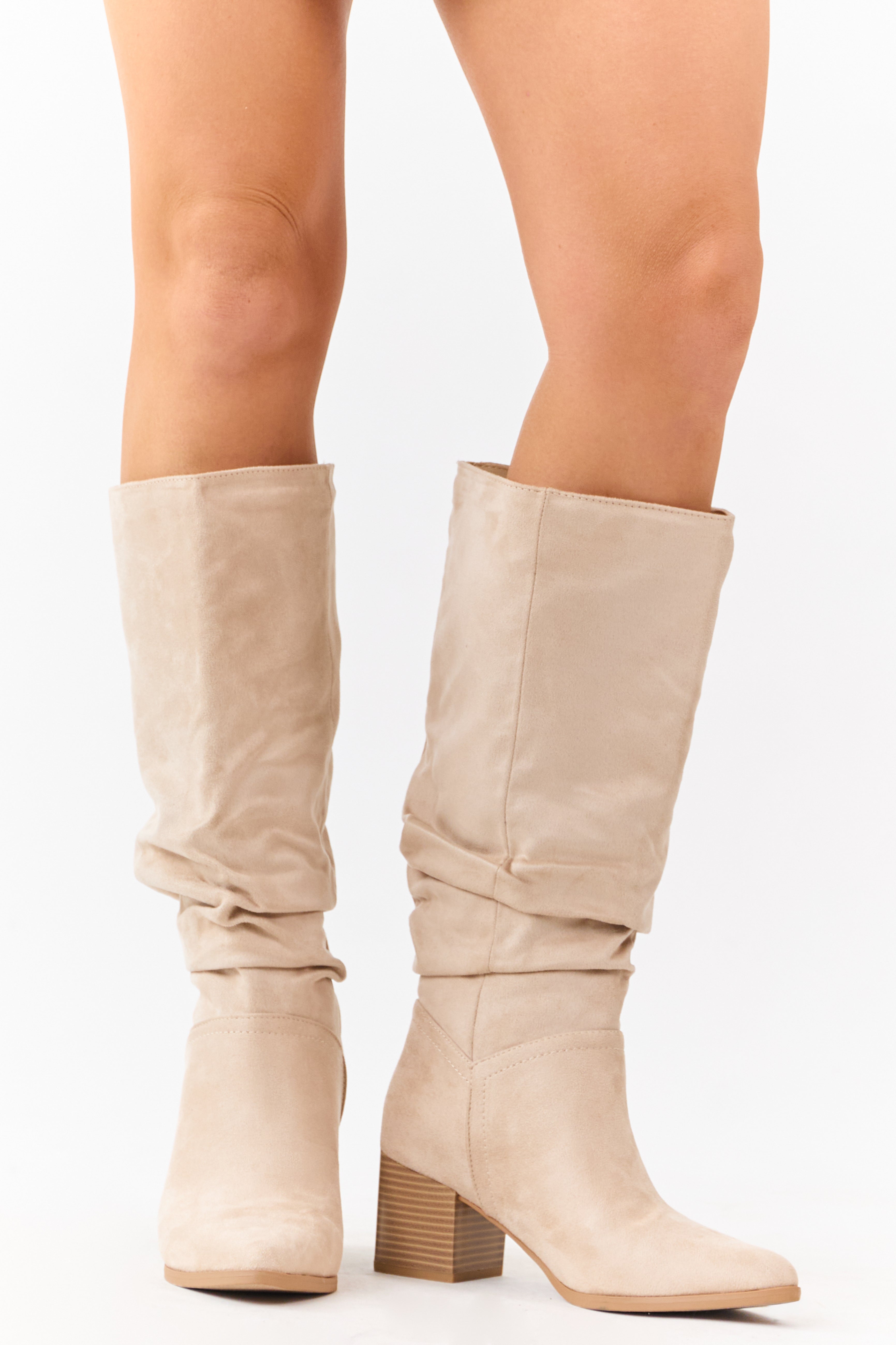 Champagne Microsuede Slouch Block Heel Tall Boots