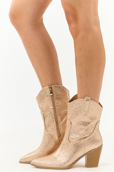 Champagne Rhinestone Embellished Pointed Toe Booties