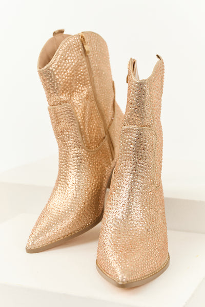 Champagne Rhinestone Embellished Pointed Toe Booties