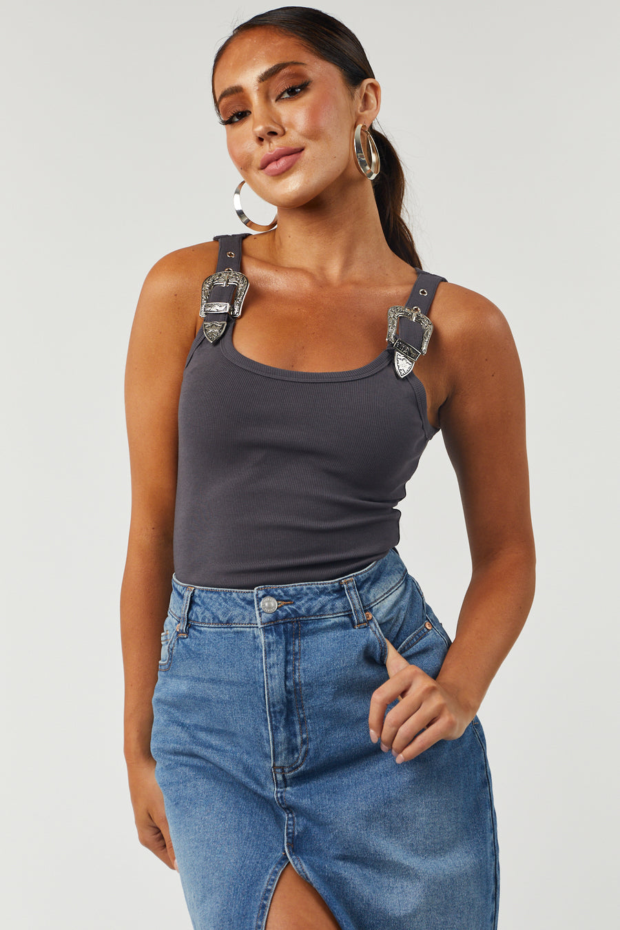 Charcoal Buckle Straps Knit Tank Top