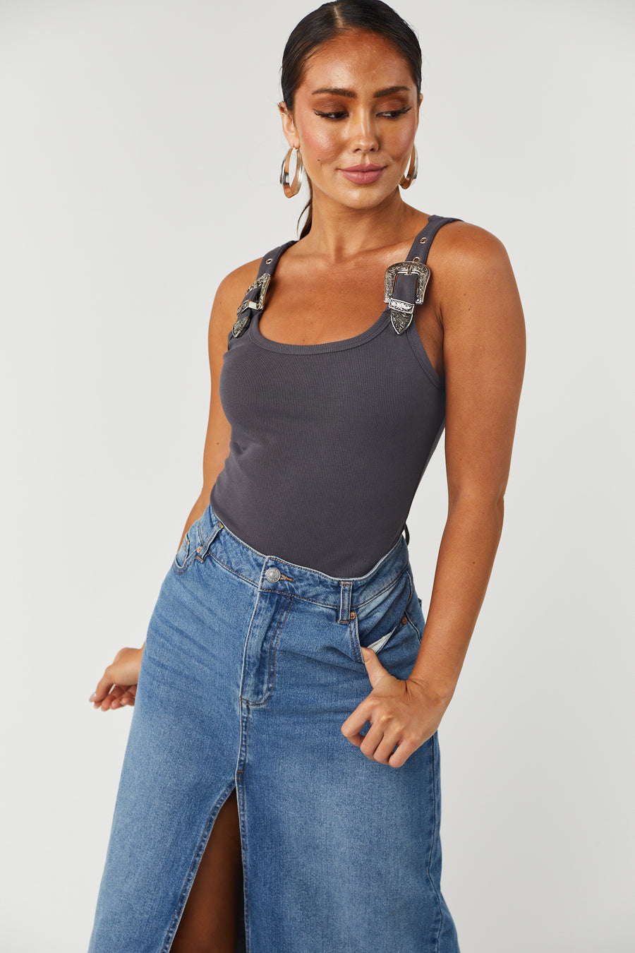 Charcoal Buckle Straps Knit Tank Top