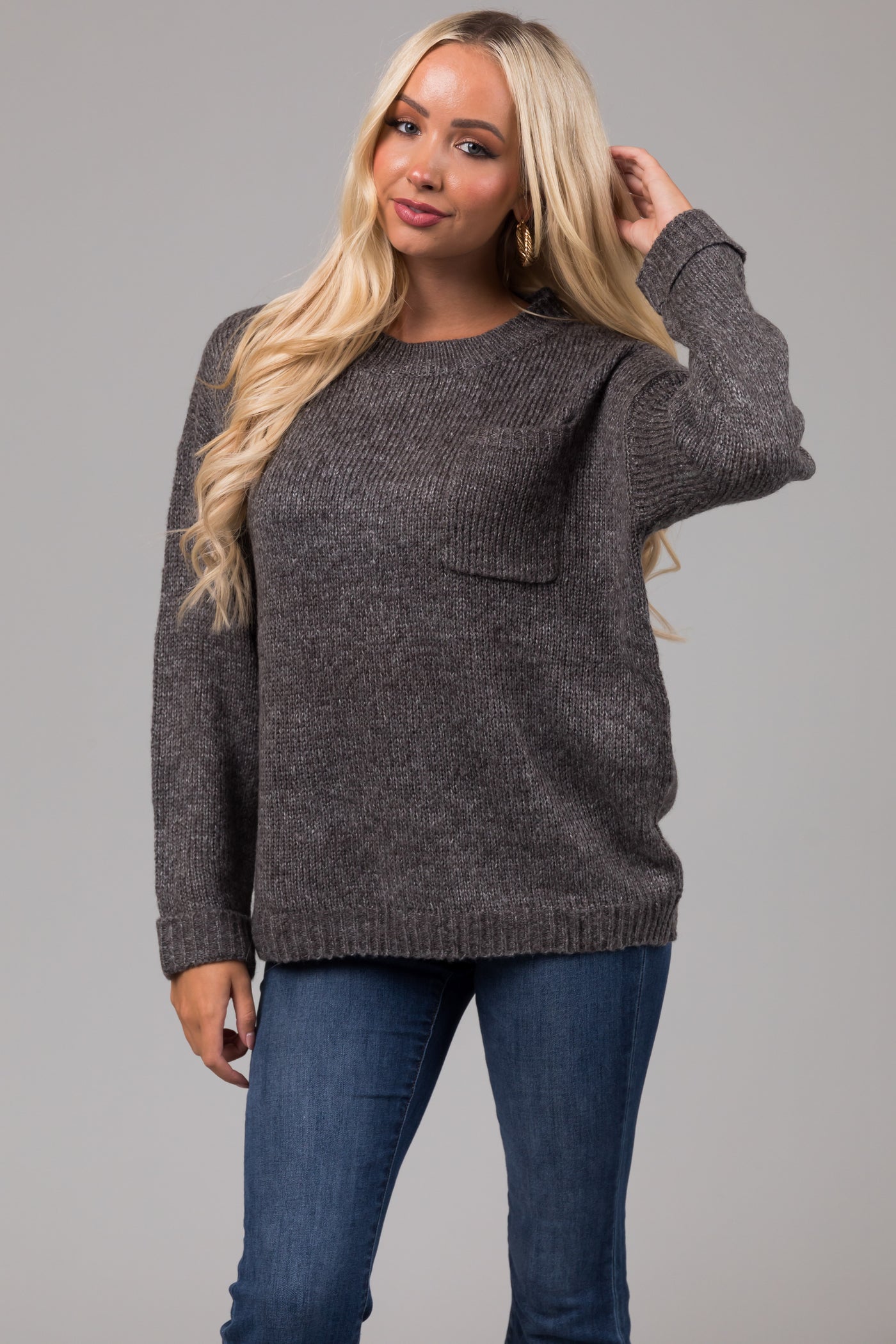 Charcoal Chest Pocket Cuffed Sleeve Sweater