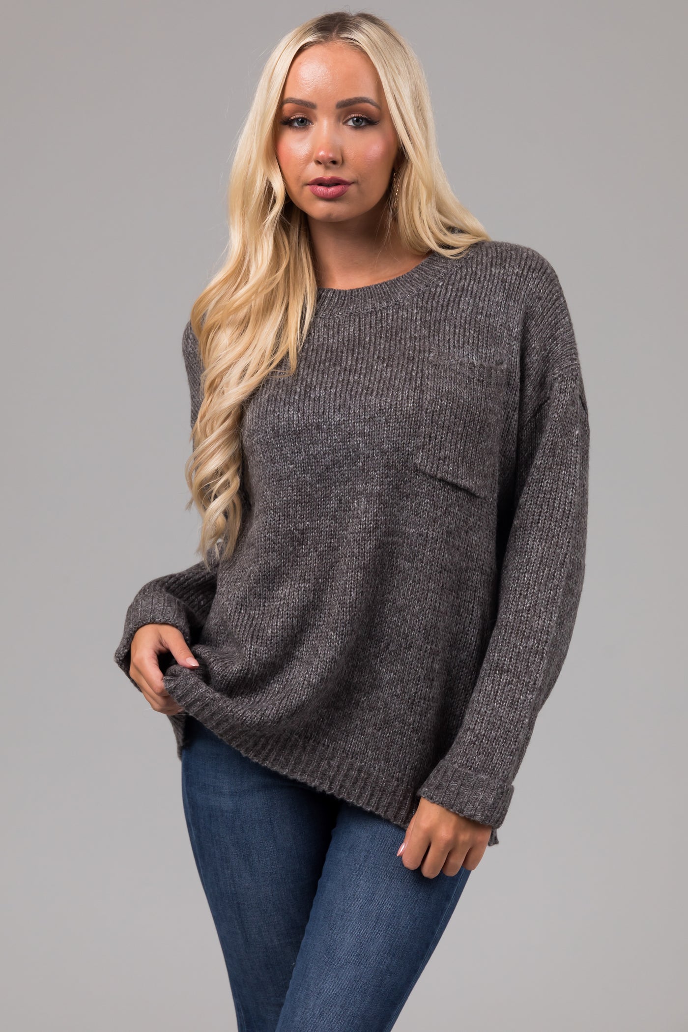 Charcoal Chest Pocket Cuffed Sleeve Sweater Lime Lush