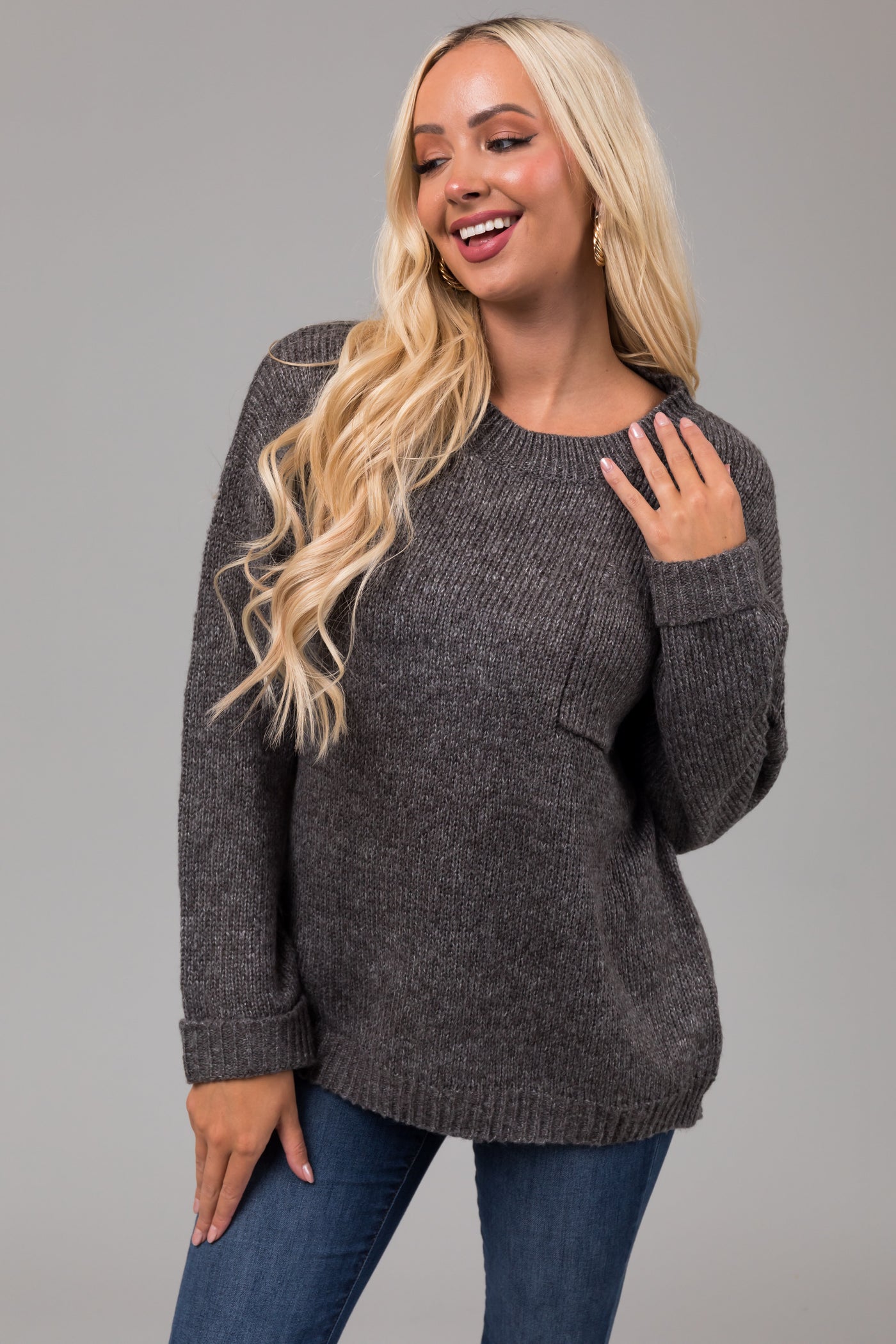 Charcoal Chest Pocket Cuffed Sleeve Sweater Lime Lush