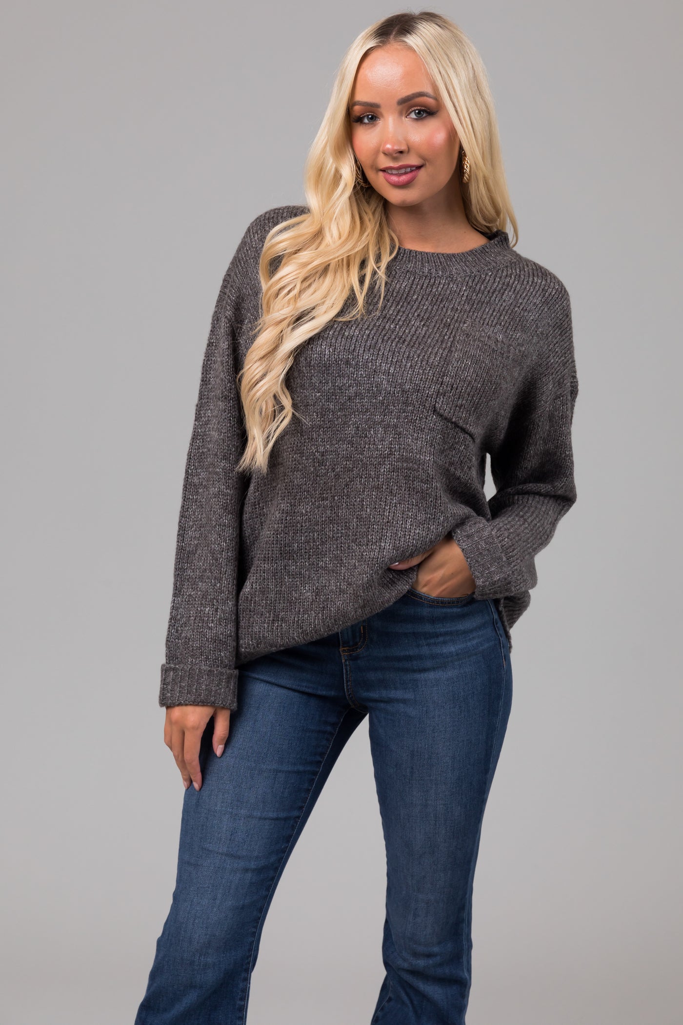 Charcoal Chest Pocket Cuffed Sleeve Sweater Lime Lush