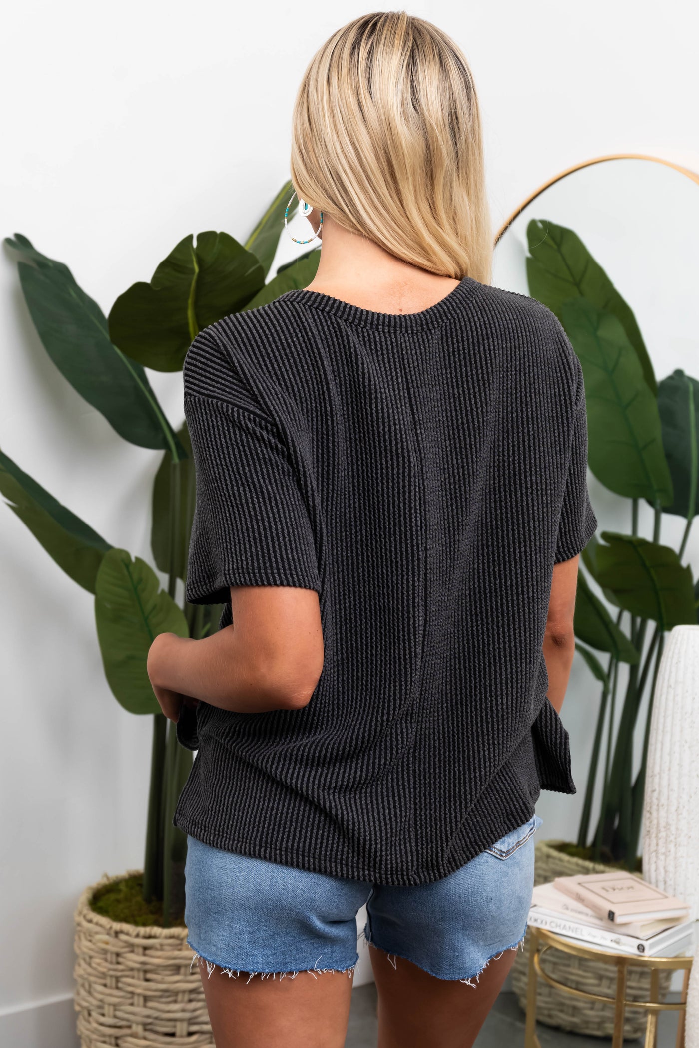 Charcoal Chest Pocket Wavy Ribbed Knit Top