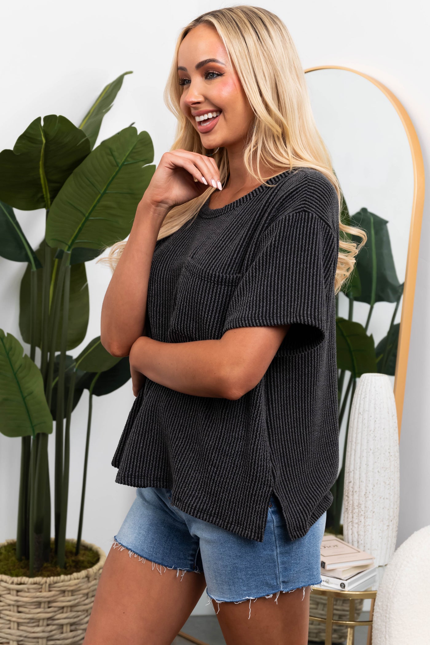 Charcoal Chest Pocket Wavy Ribbed Knit Top