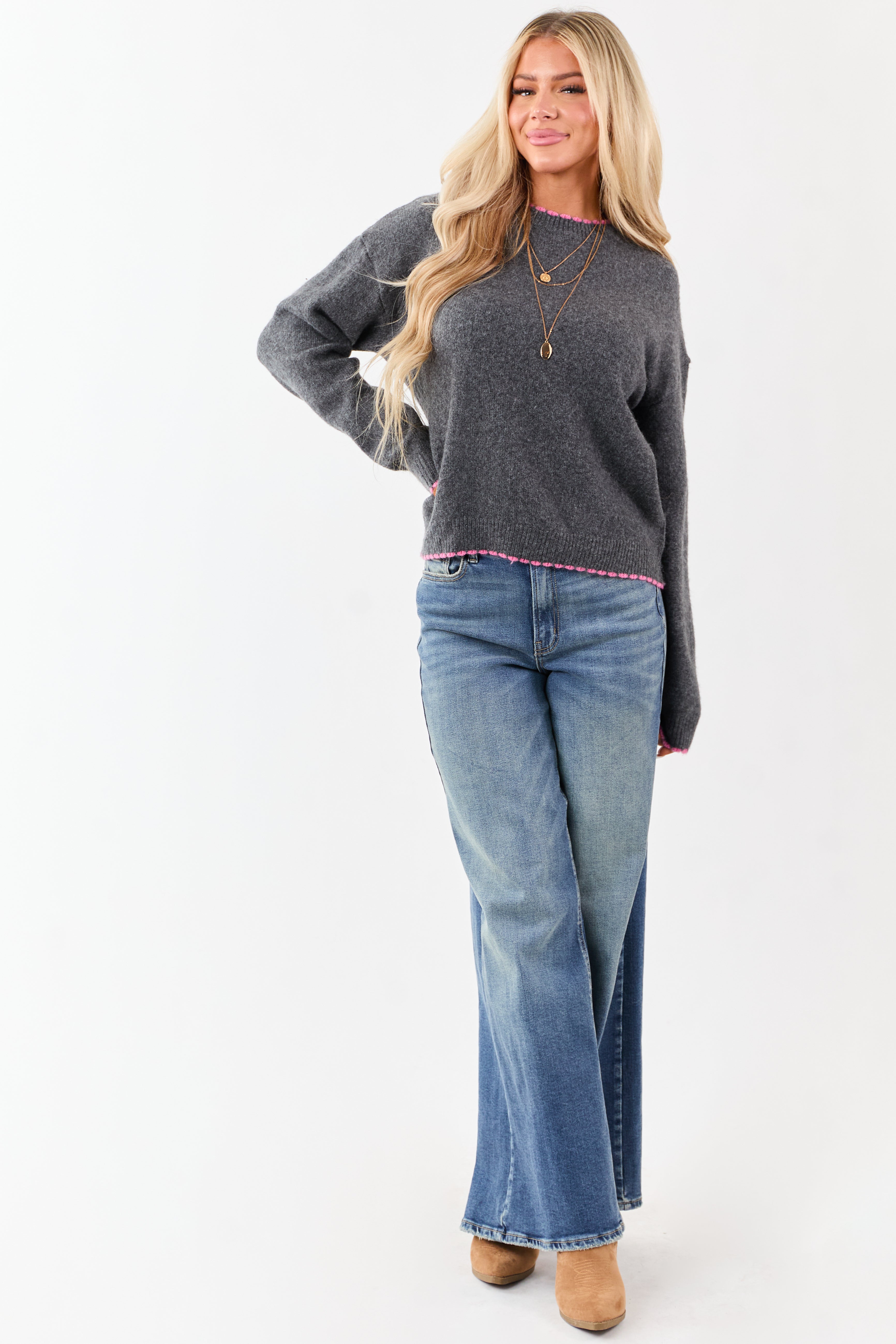 Charcoal Contrast Trim Wool Blend Sweater