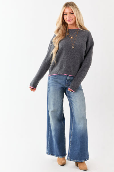 Charcoal Contrast Trim Wool Blend Sweater