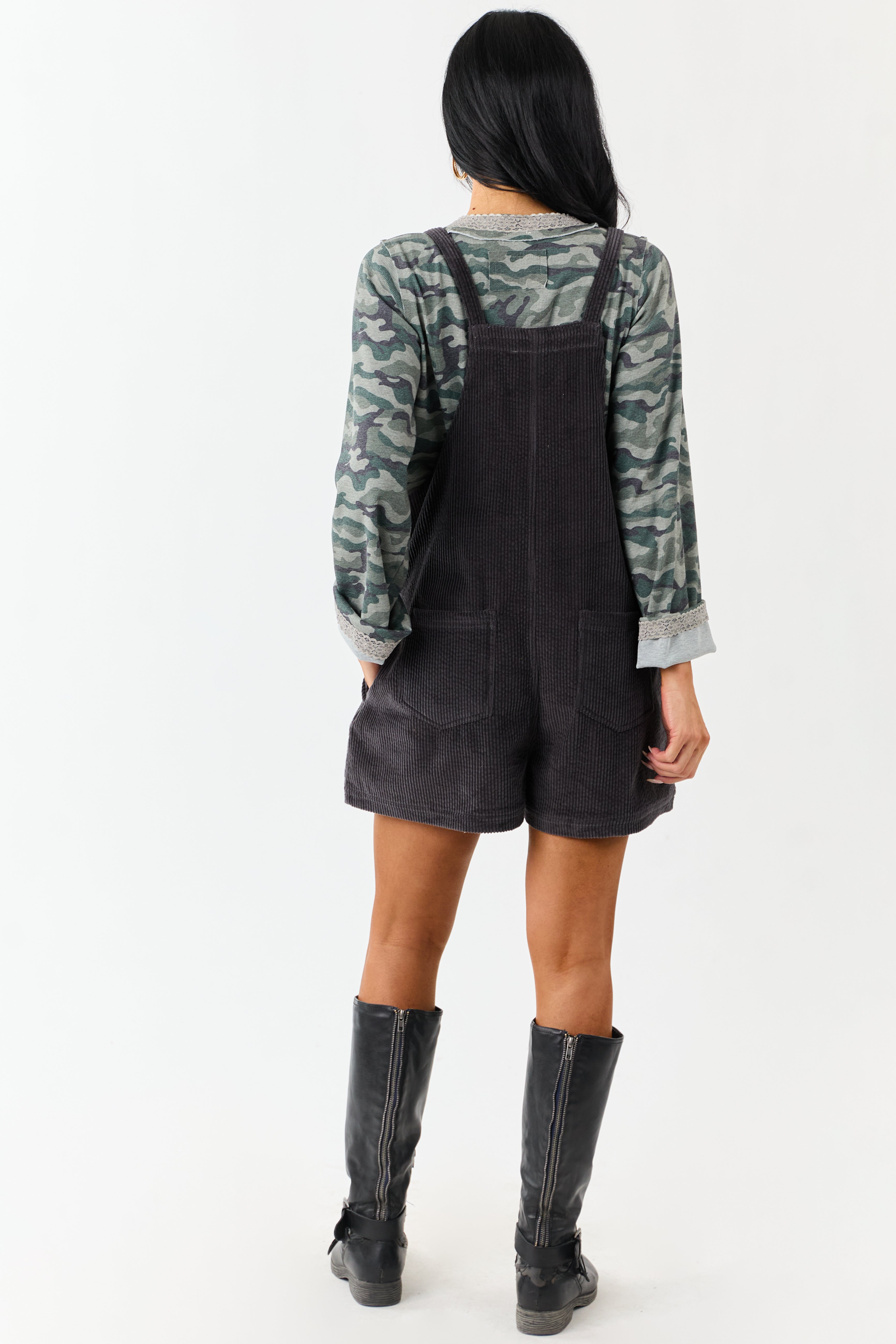 Charcoal Corduroy Relaxed Overalls Style Romper
