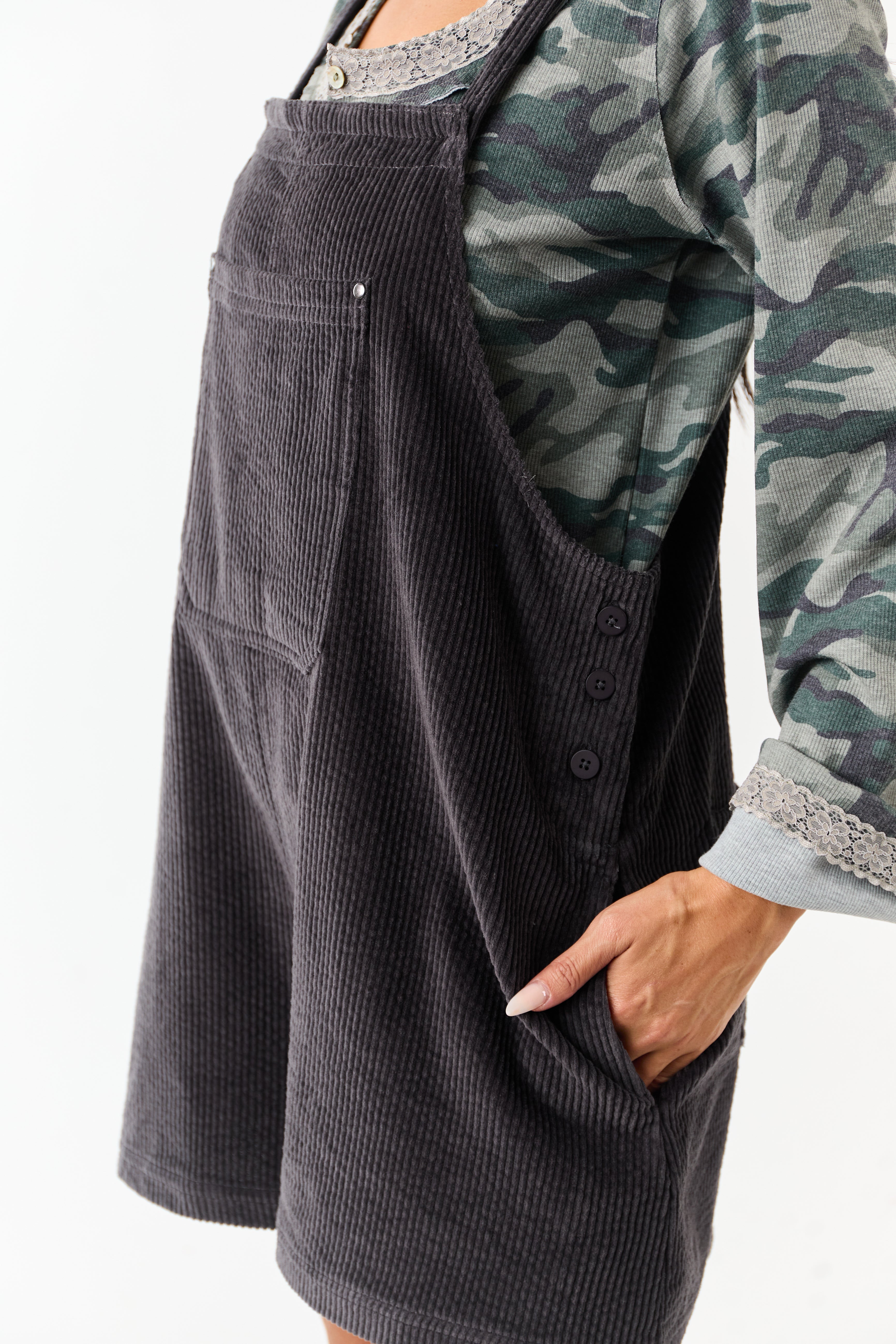 Charcoal Corduroy Relaxed Overalls Style Romper