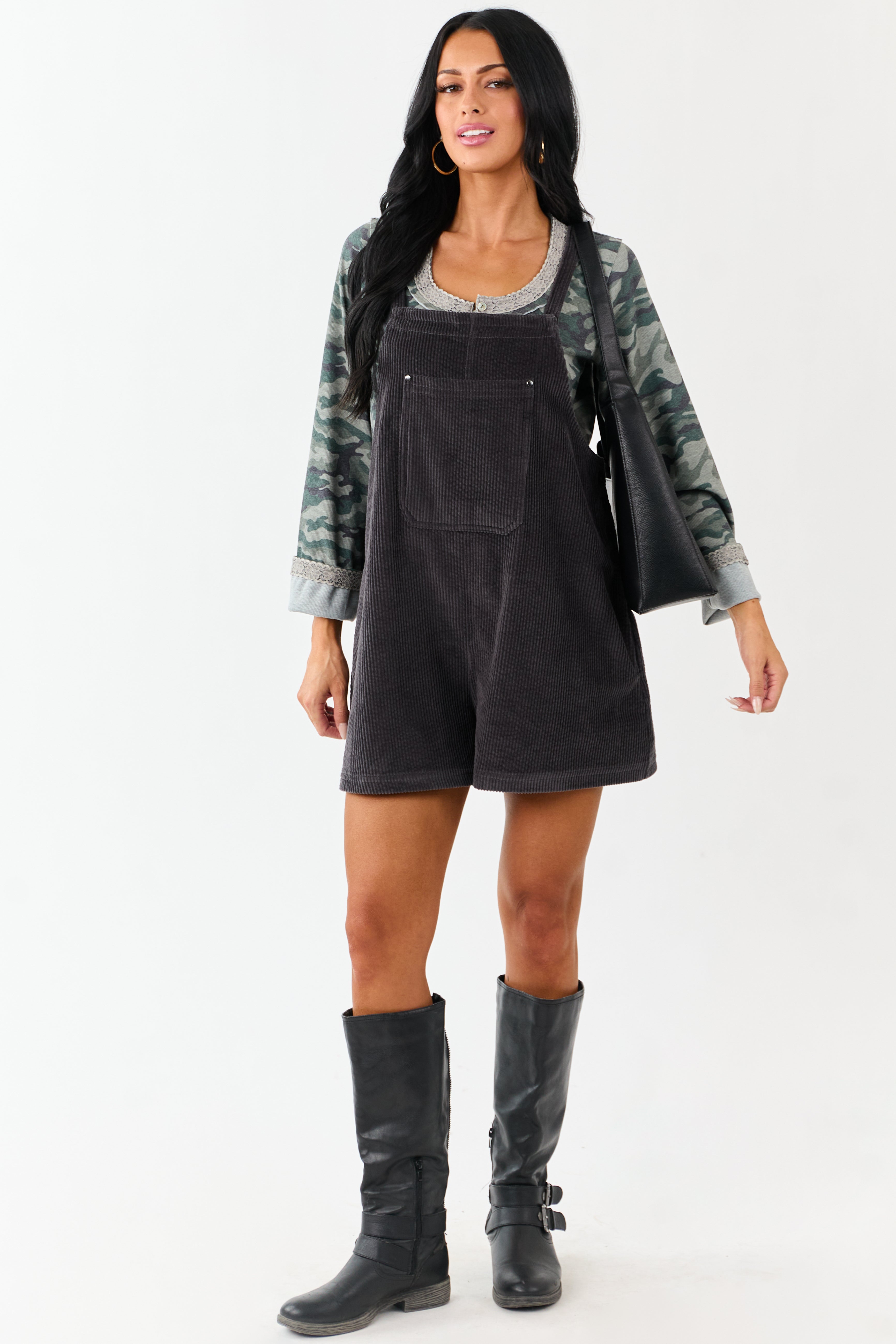 Charcoal Corduroy Relaxed Overalls Style Romper