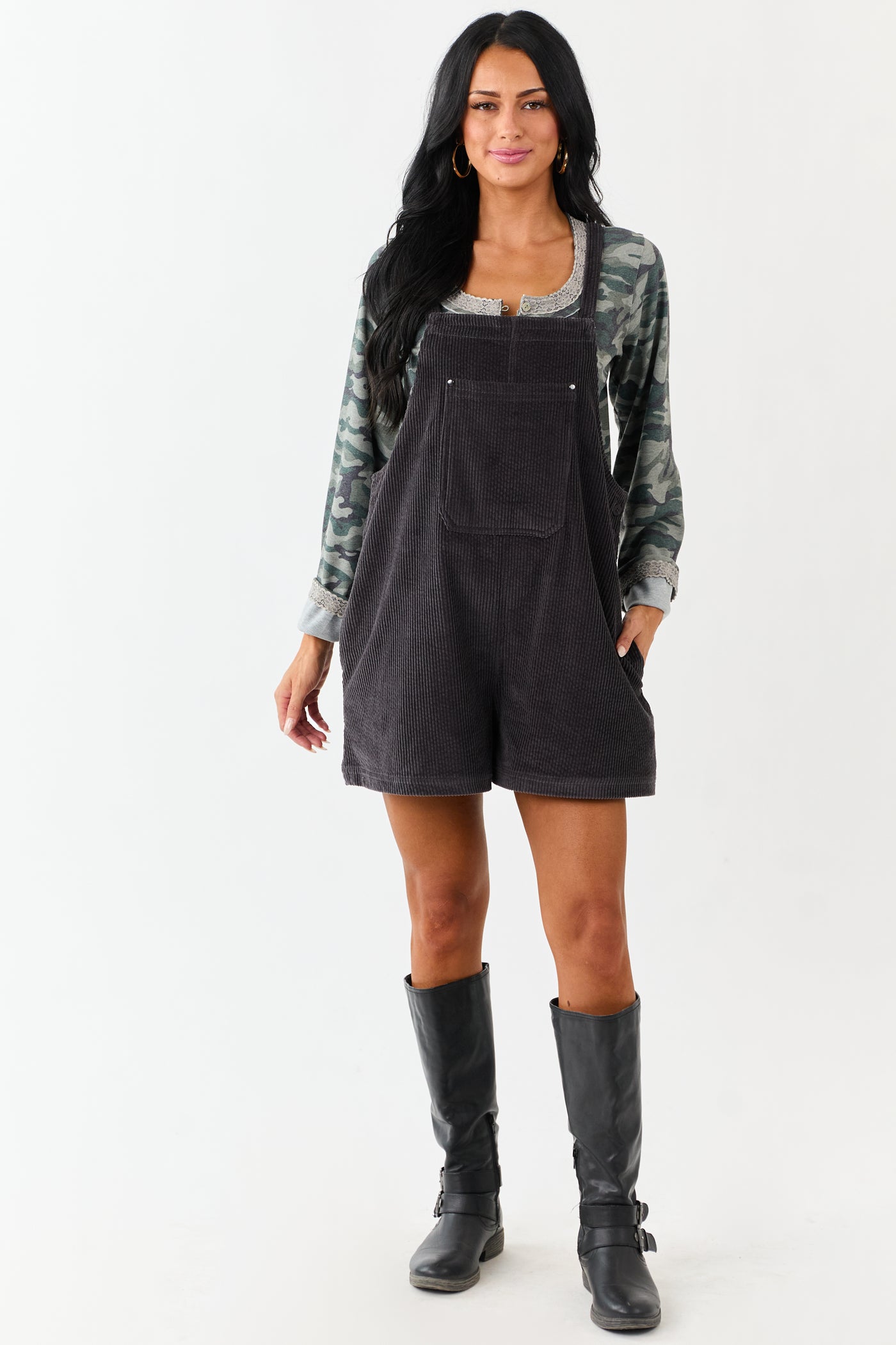 Charcoal Corduroy Relaxed Overalls Style Romper