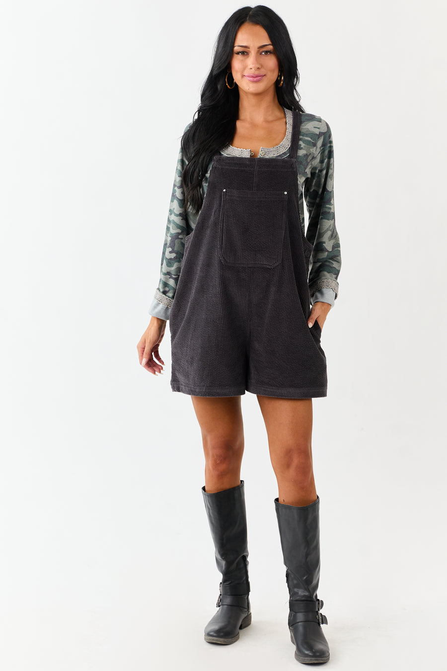 Charcoal Corduroy Relaxed Overalls Style Romper