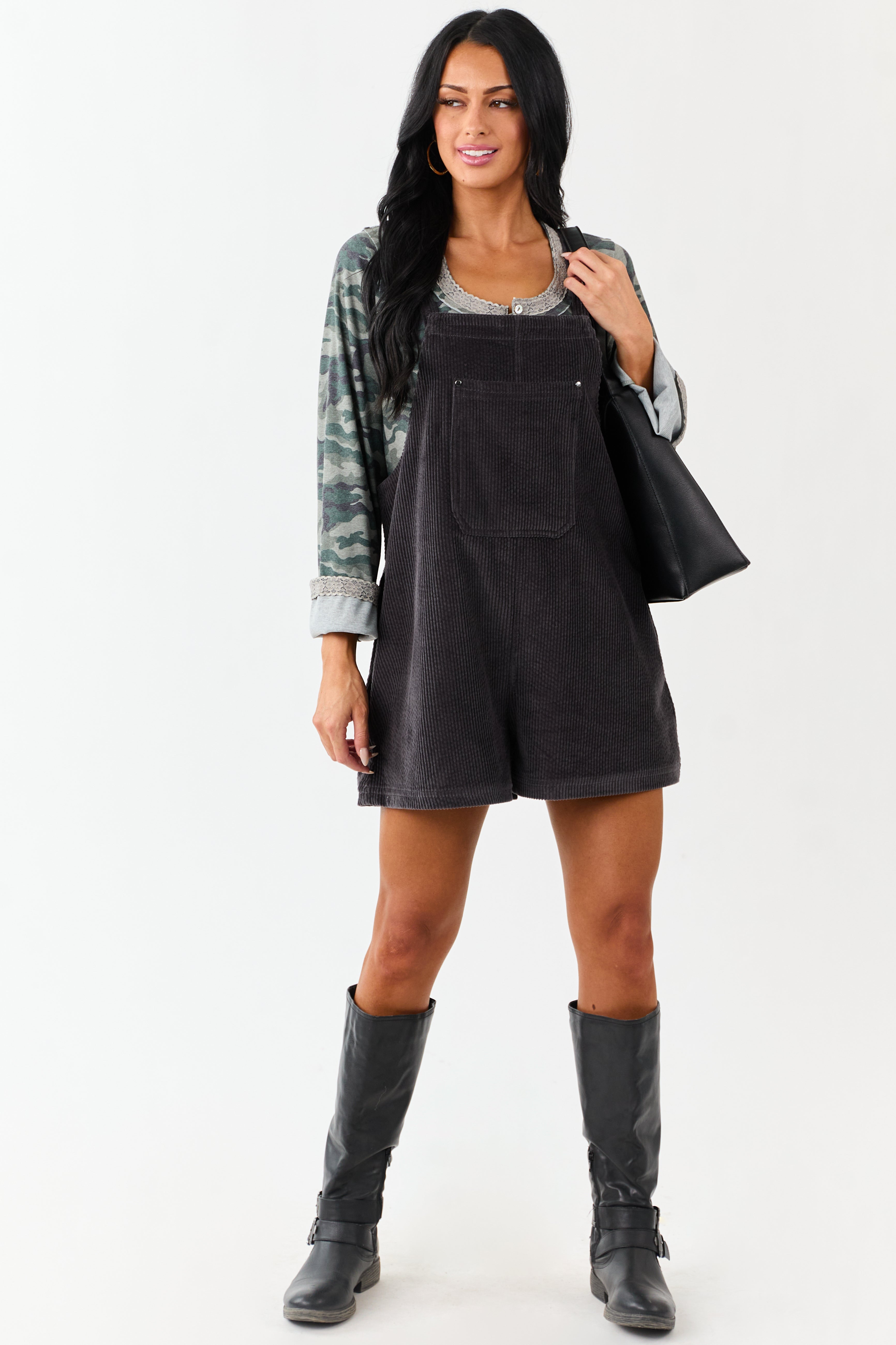 Charcoal Corduroy Relaxed Overalls Style Romper
