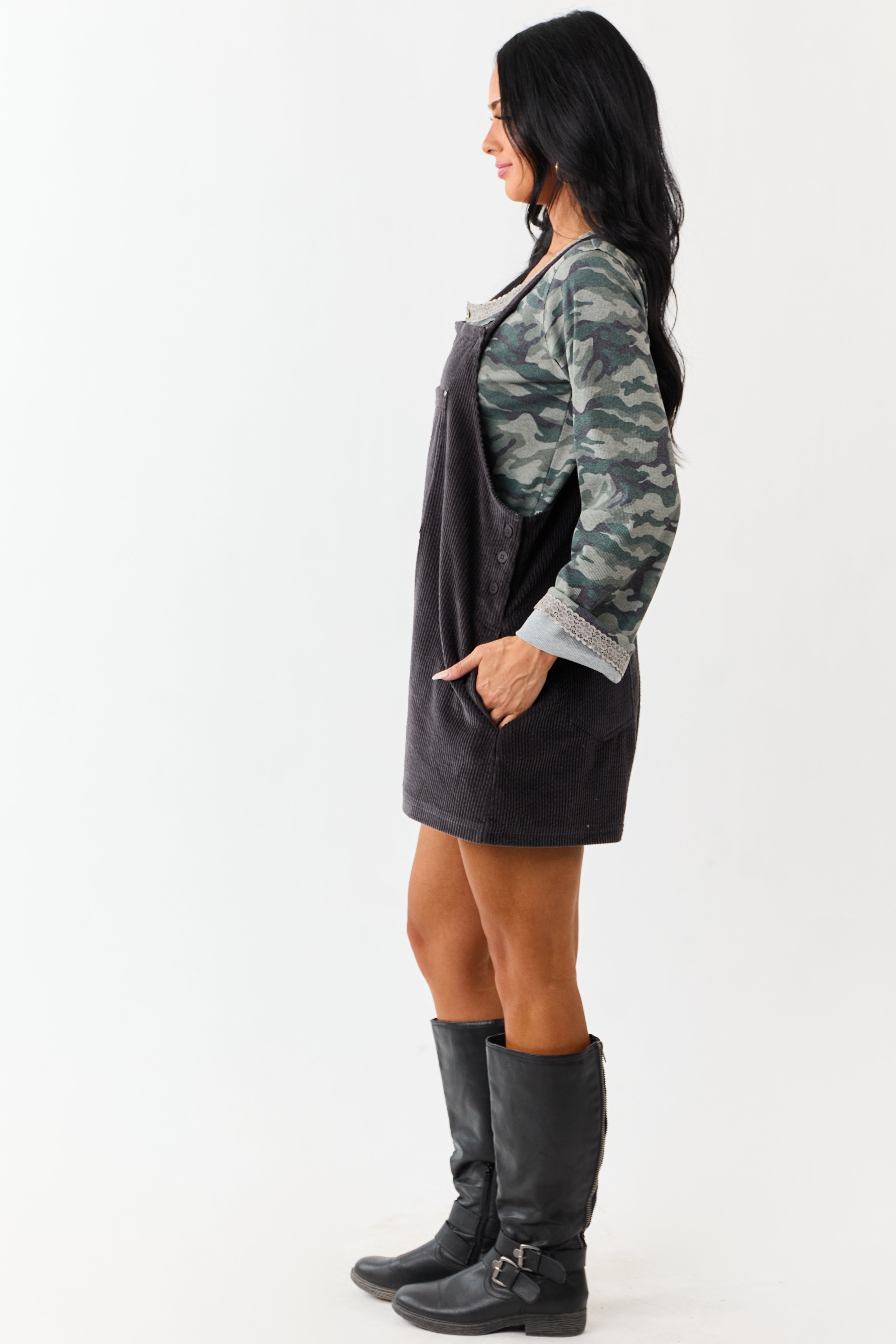 Charcoal Corduroy Relaxed Overalls Style Romper