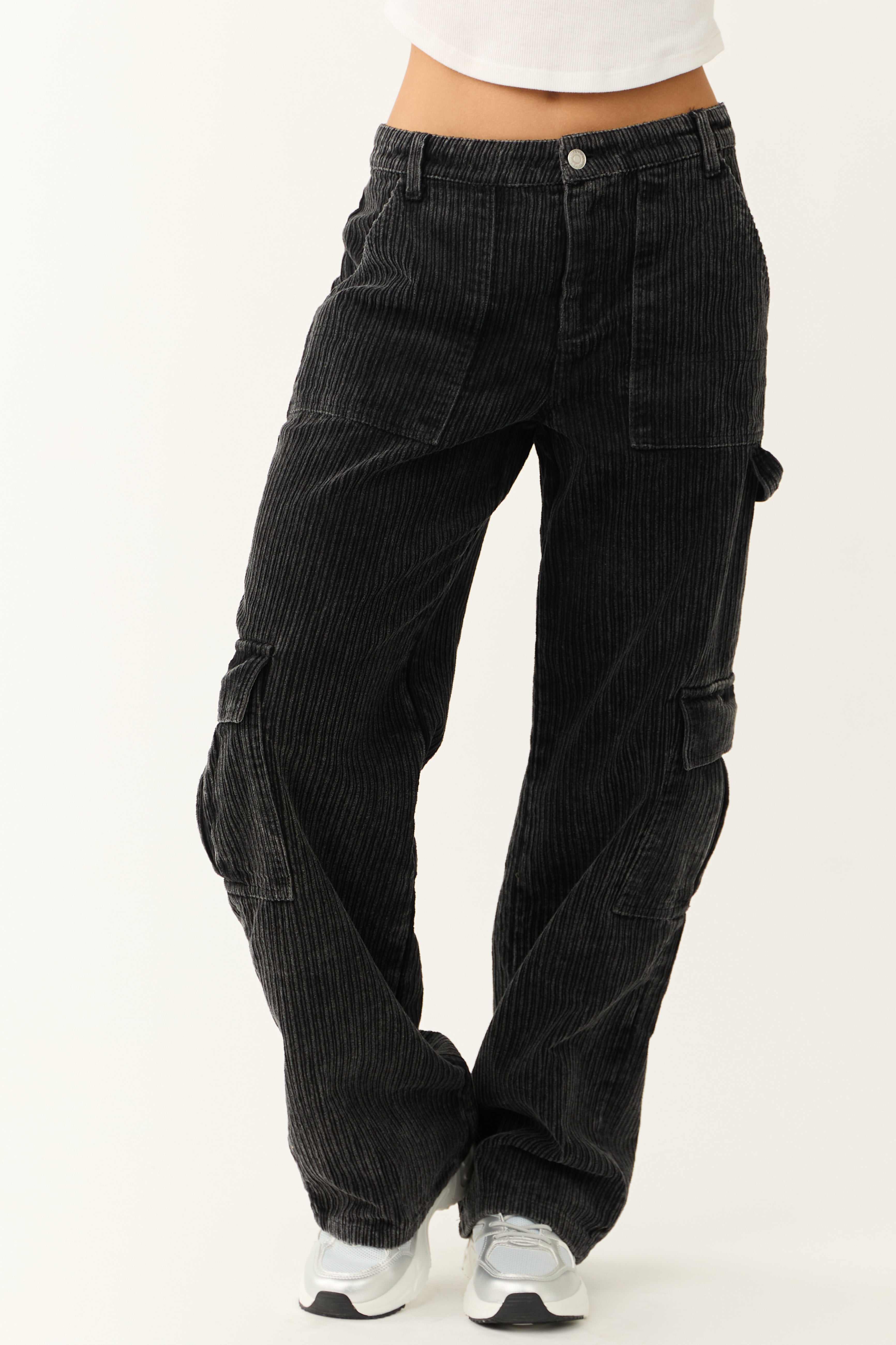 Charcoal Corduroy Wide Leg Cargo Pants | Lime Lush Boutique