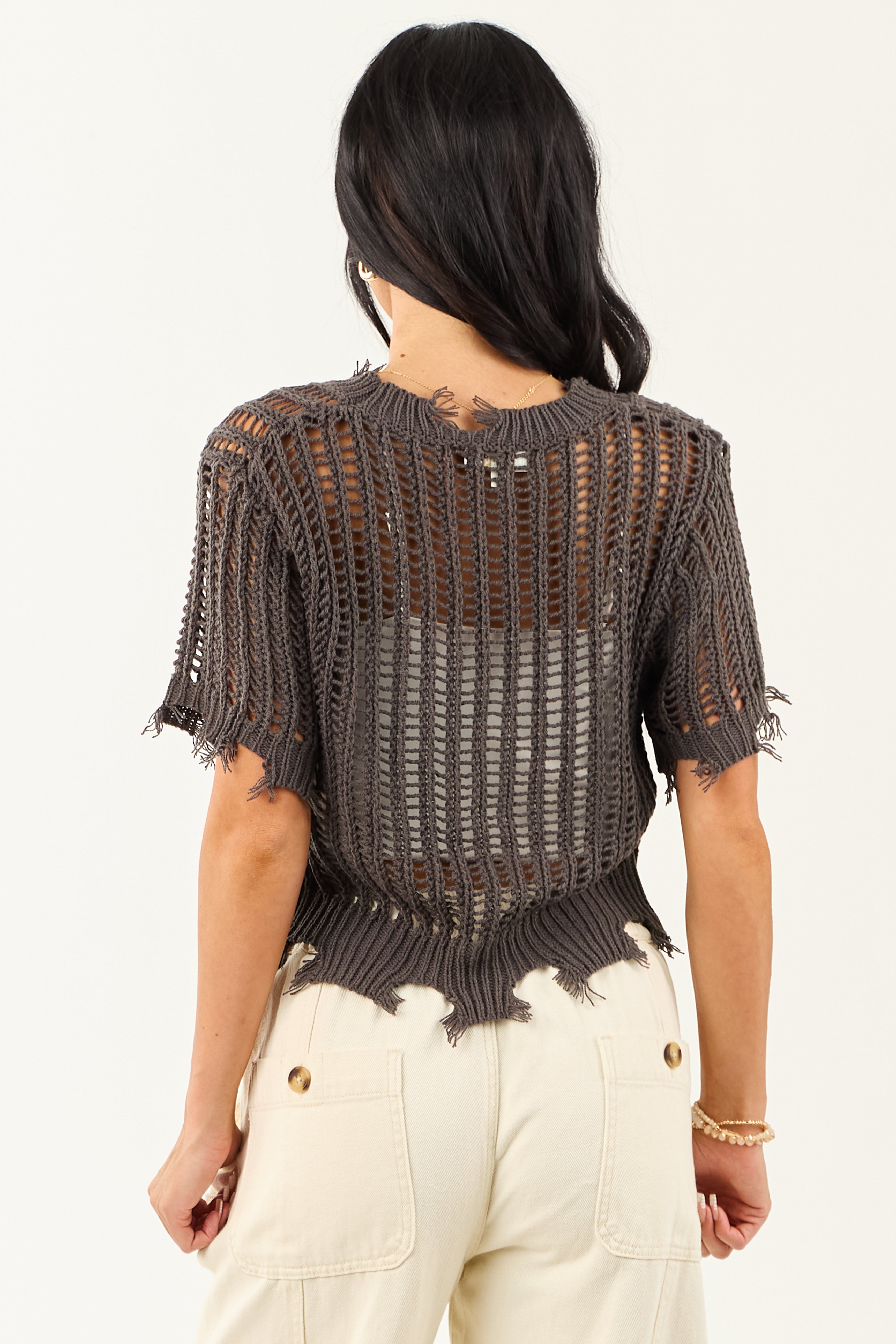 Charcoal Crochet Distressed Short Sleeve Top | Lime Lush Boutique