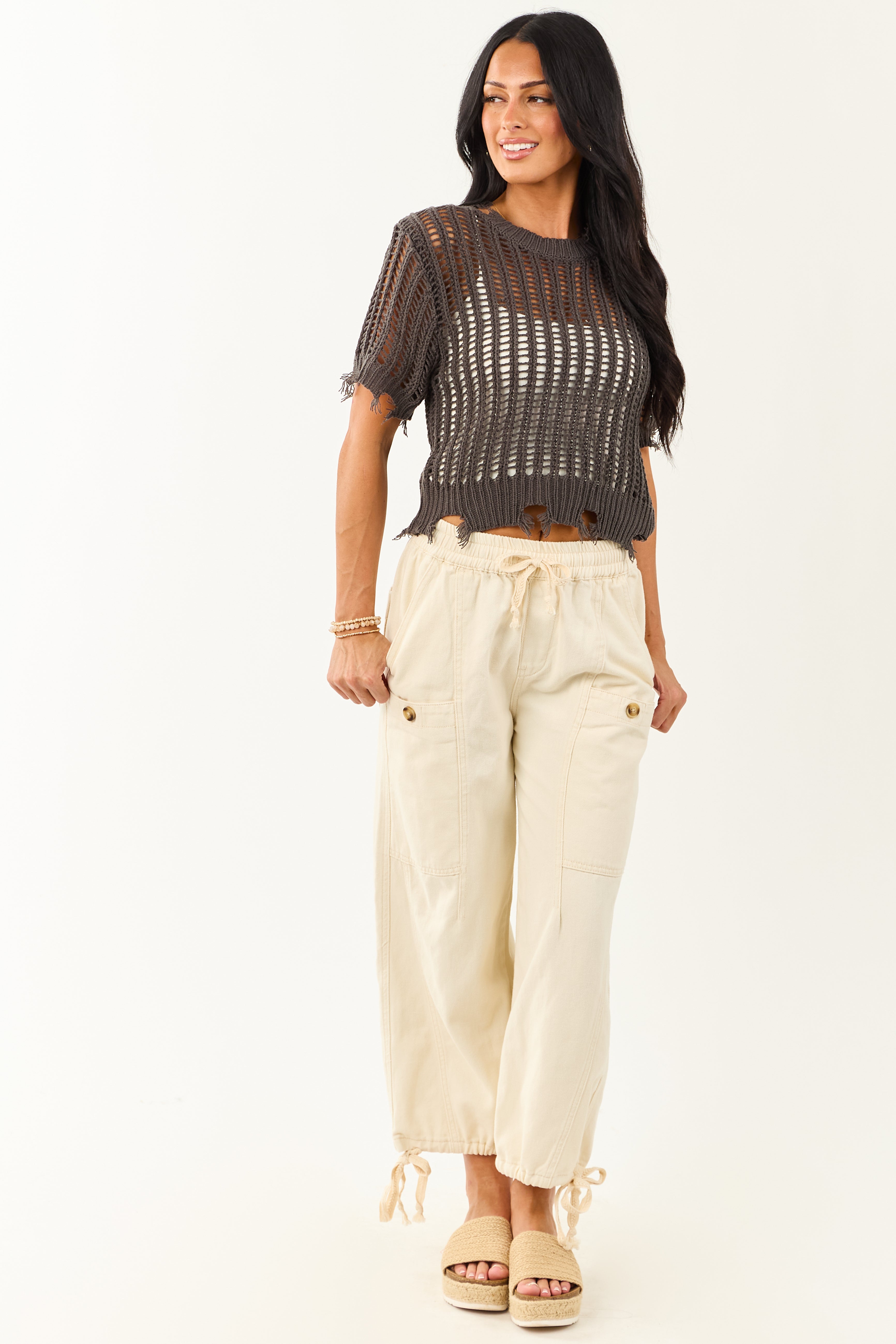 Charcoal Crochet Distressed Short Sleeve Top | Lime Lush Boutique