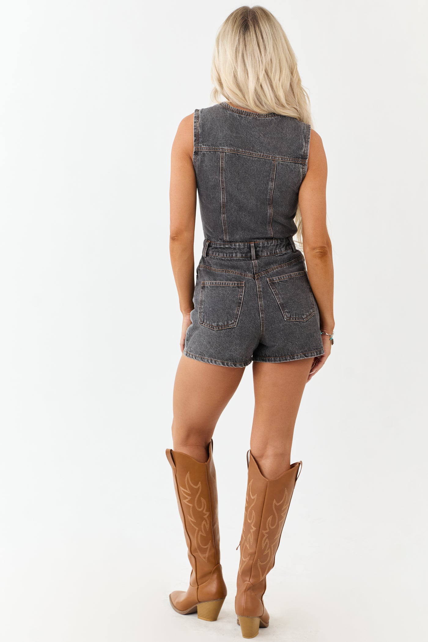 Charcoal Denim Front Cut Out Vest Style Romper