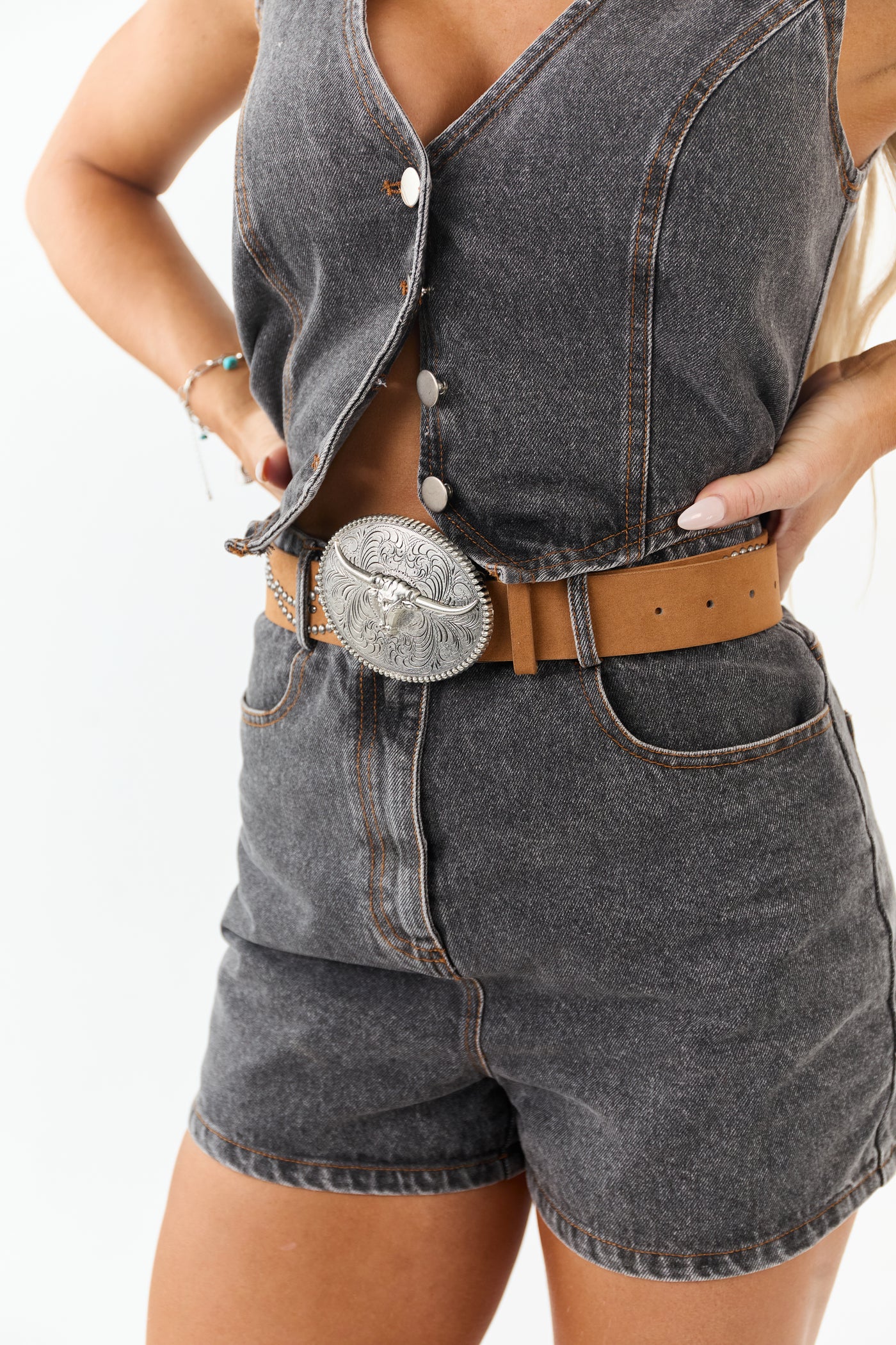 Charcoal Denim Front Cut Out Vest Style Romper