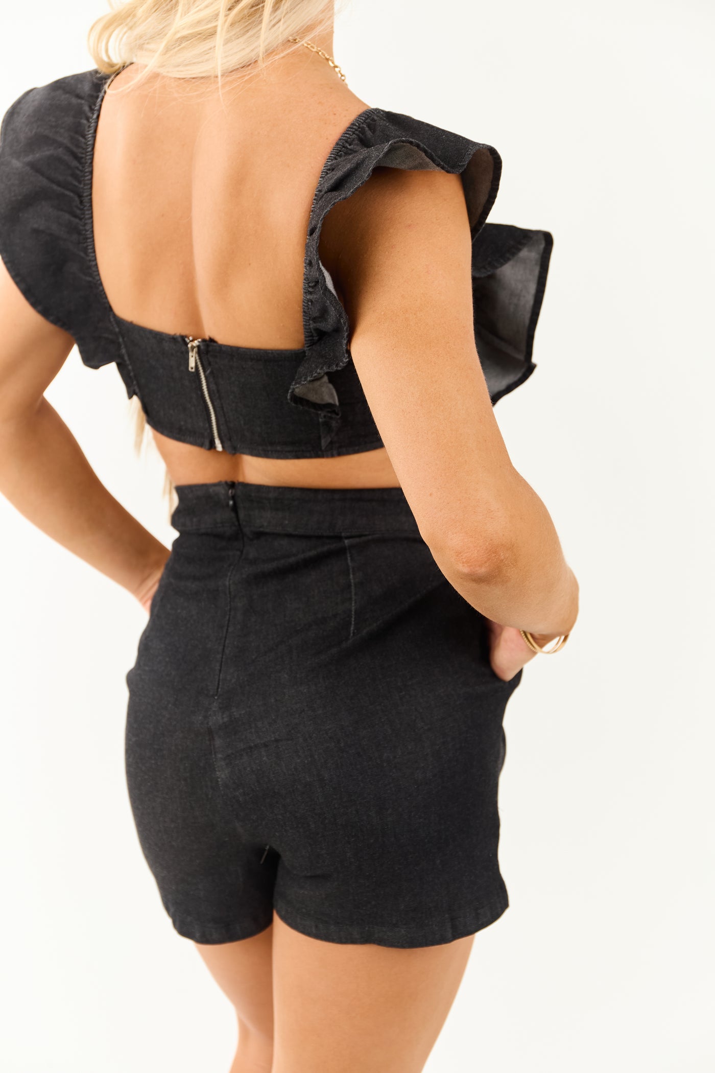 Charcoal Denim Open Back Ruffled Romper