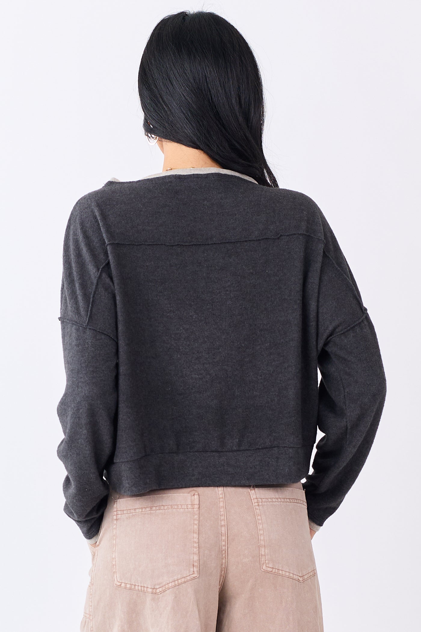 Charcoal Fleece Contrast Trim Long Sleeve Top