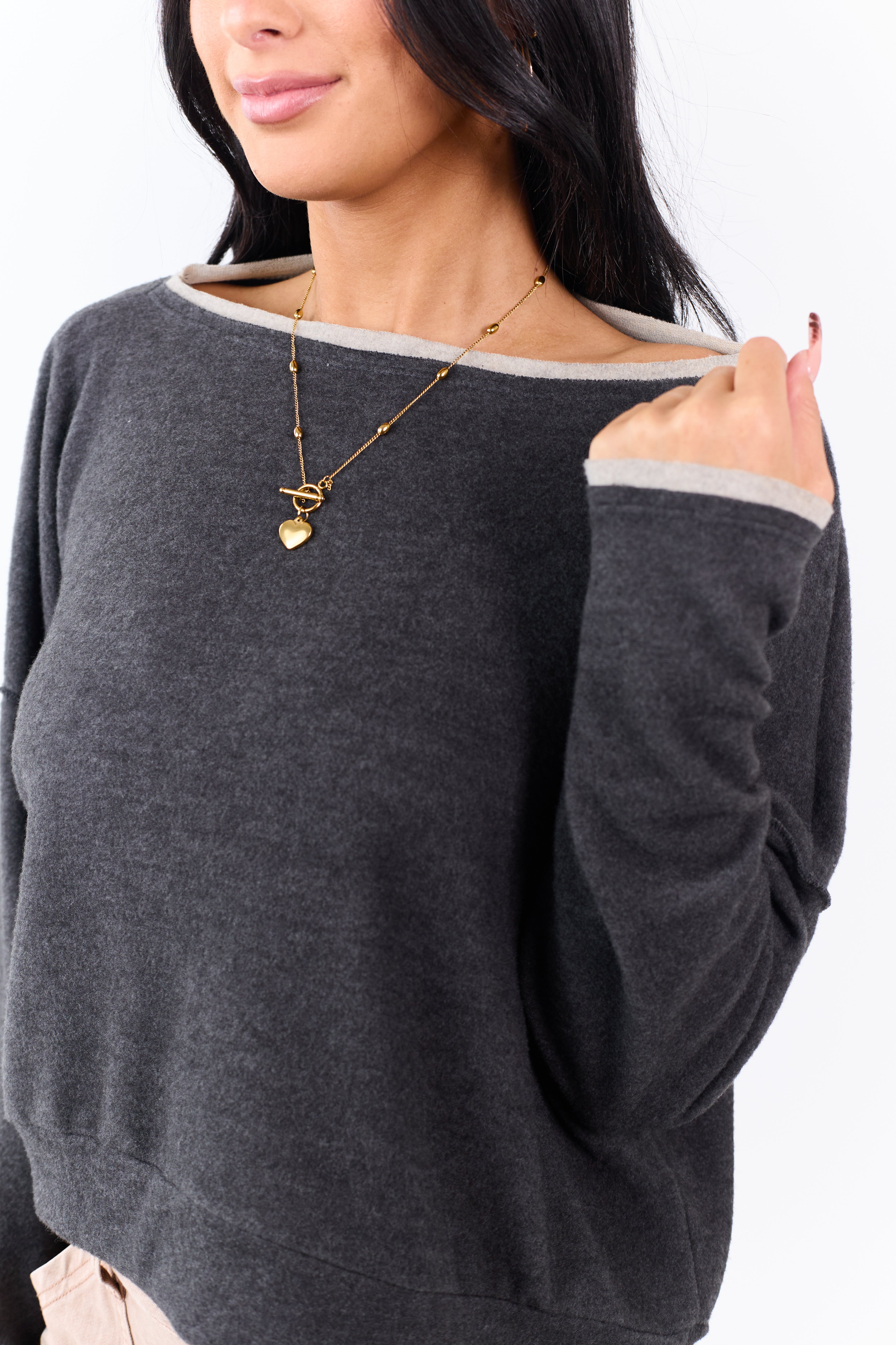 Charcoal Fleece Contrast Trim Long Sleeve Top