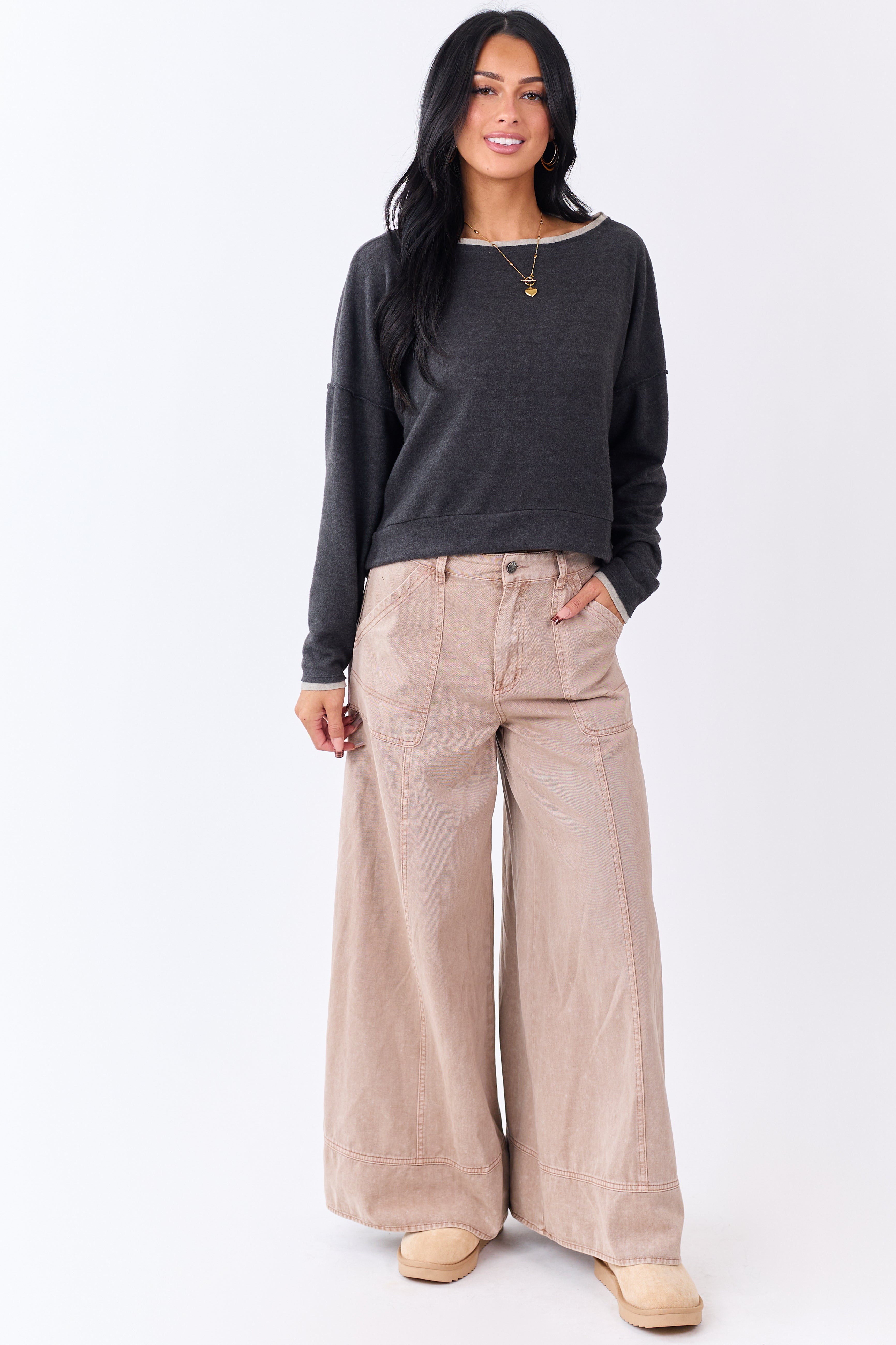 Charcoal Fleece Contrast Trim Long Sleeve Top