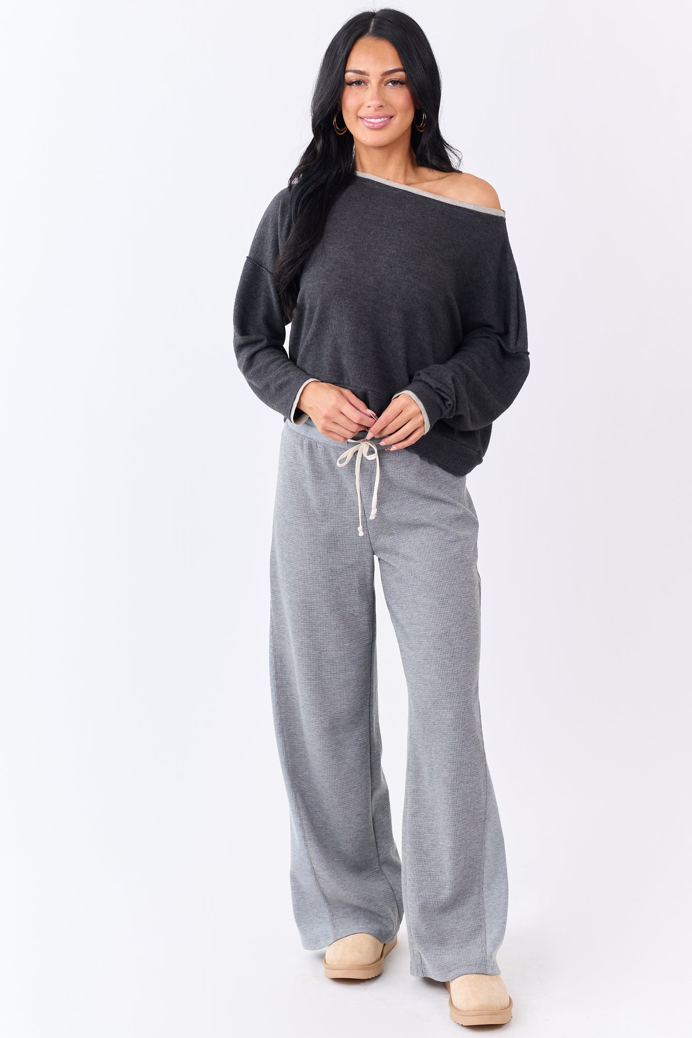 Charcoal Fleece Contrast Trim Long Sleeve Top