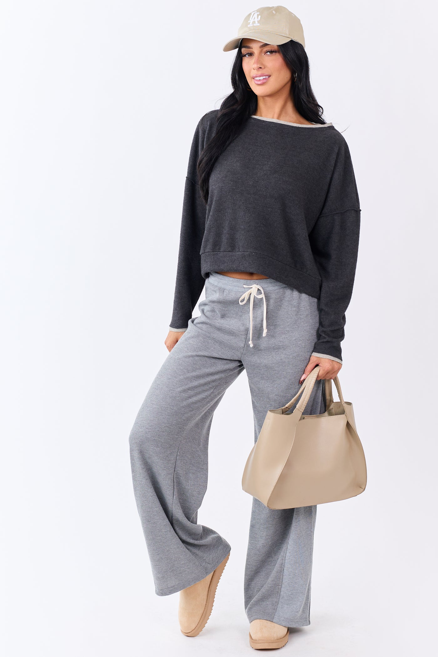 Charcoal Fleece Contrast Trim Long Sleeve Top