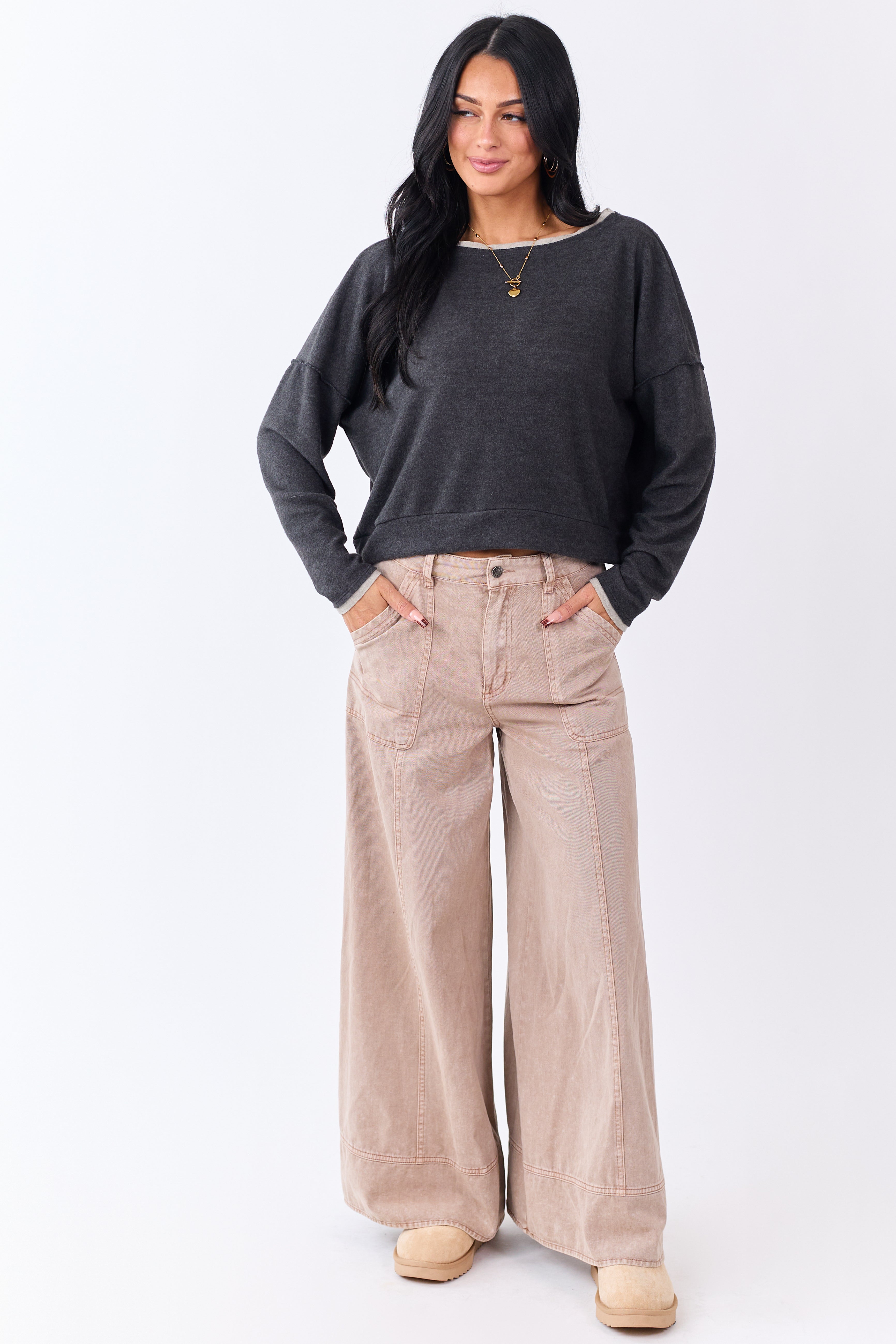 Charcoal Fleece Contrast Trim Long Sleeve Top