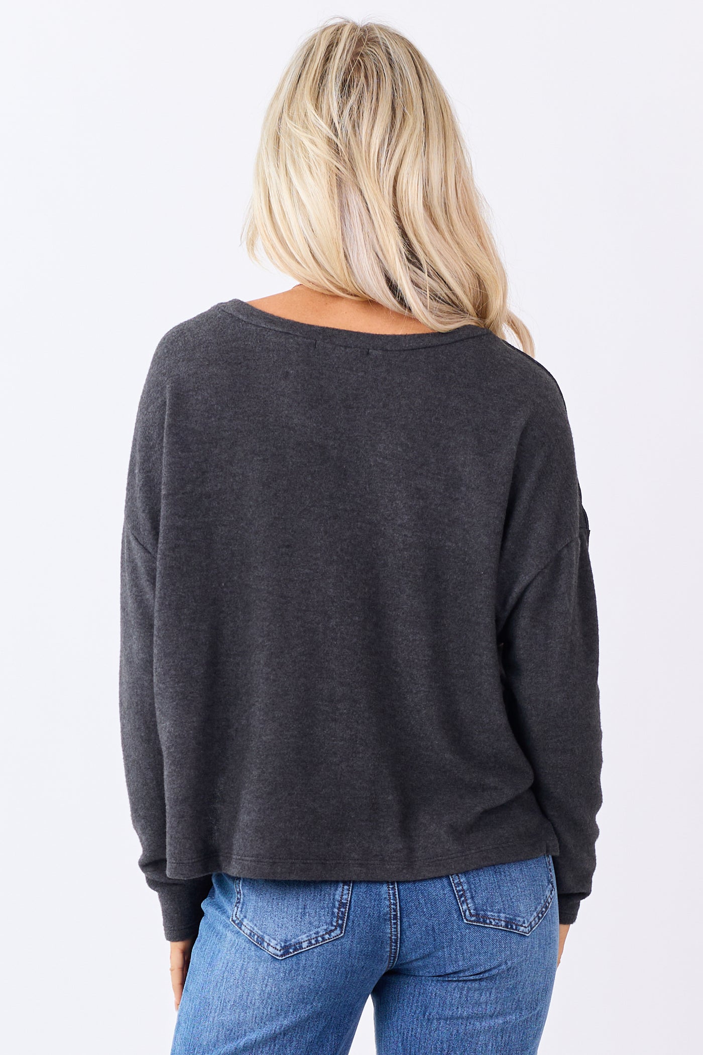 Charcoal Fleece V-Neck Long Sleeve Top