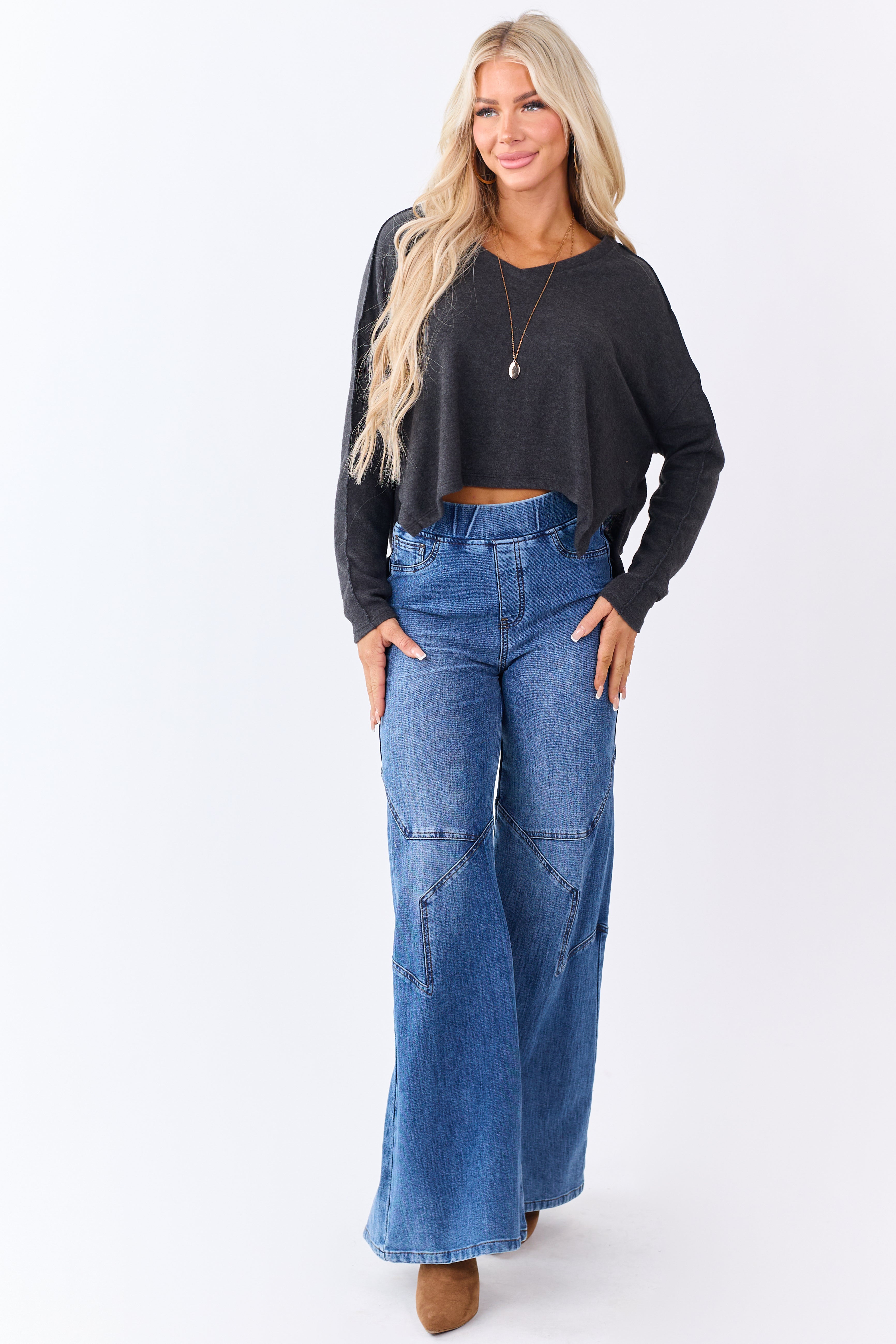 Charcoal Fleece V-Neck Long Sleeve Top